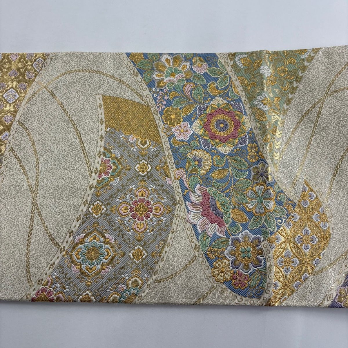  袋帯 名品 華文 草花 箔 金糸 クリーム 六通 正絹 袋帯 帯