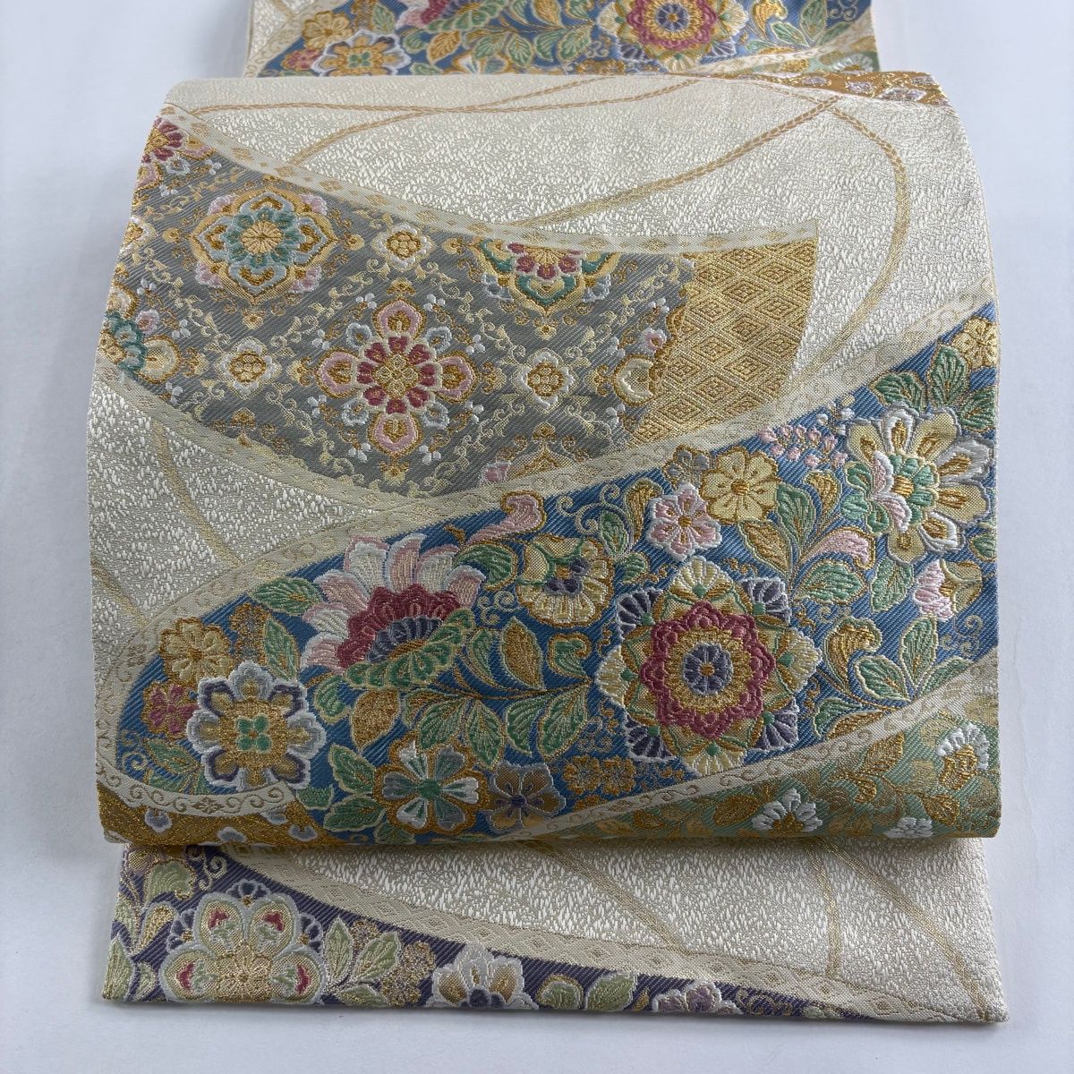 袋帯 華文 草花 箔 金糸 クリーム 六通 正絹