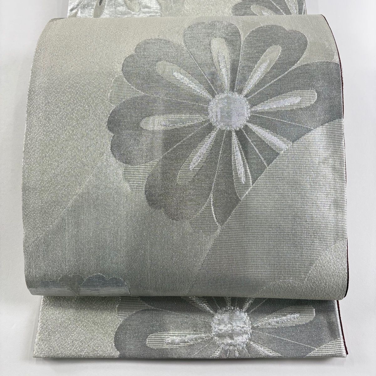 袋帯 草野一騎 落款 花 箔 銀糸 銀色 六通 正絹