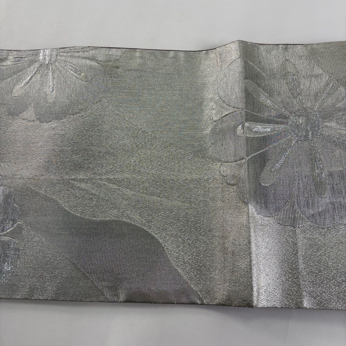  袋帯 名品 草野一騎 落款 花 箔 銀糸 銀色 六通 正絹 袋帯 帯