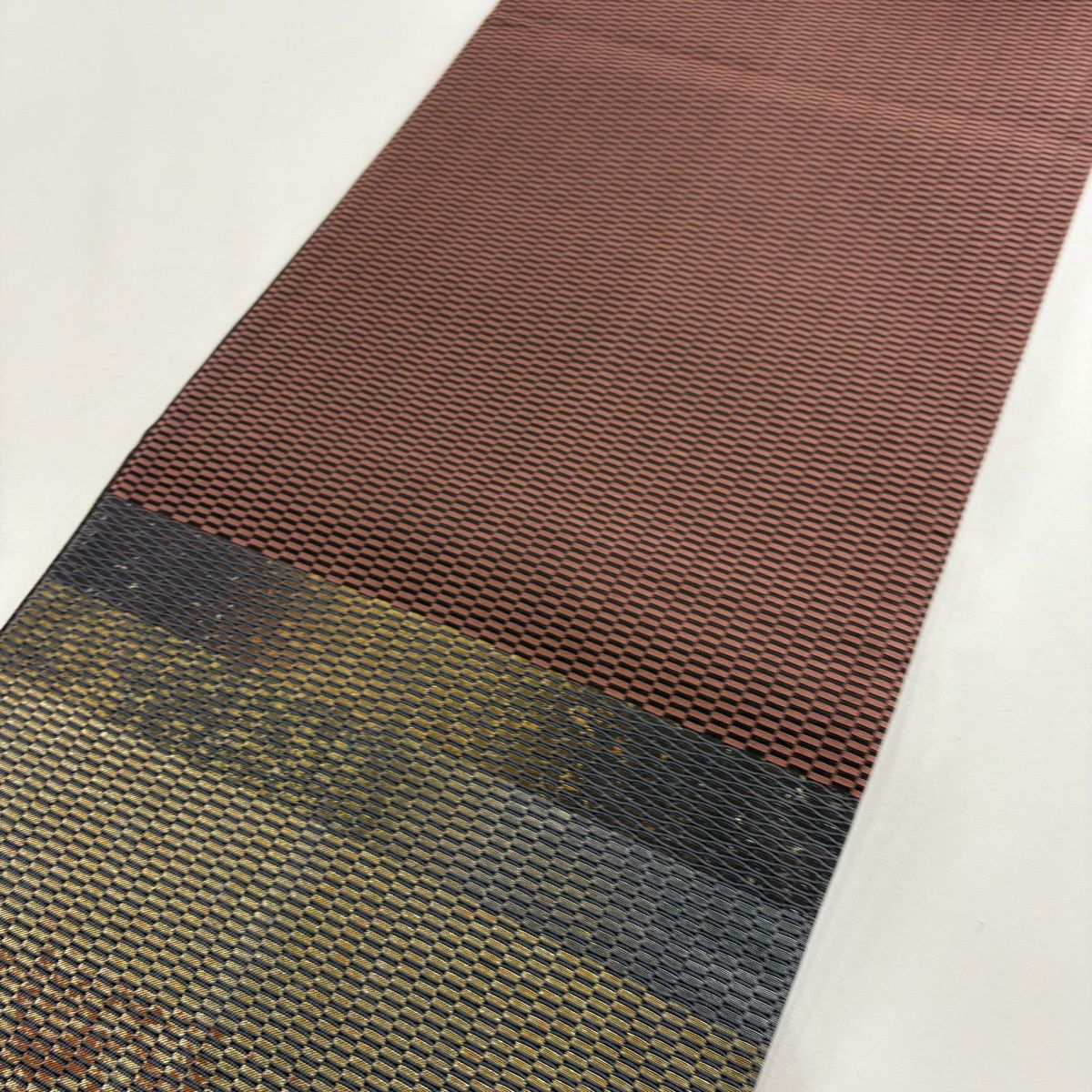  袋帯 名品 幾何学 箔 茶緑色 六通 正絹 袋帯 帯