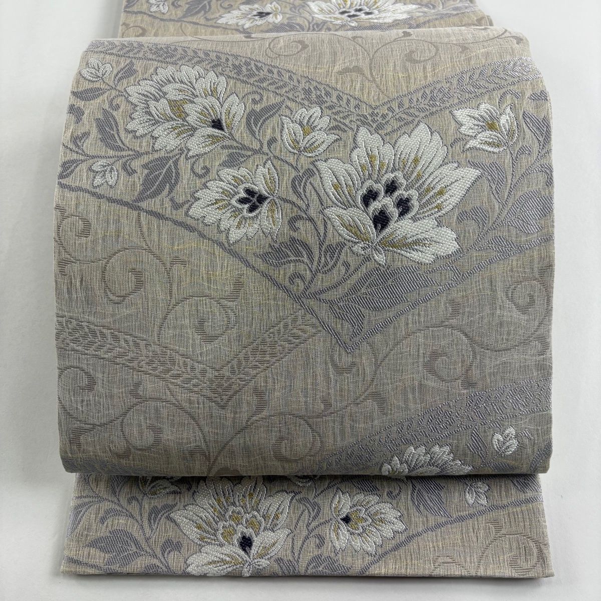 袋帯 名品 花唐草 金糸 灰茶 六通 正絹