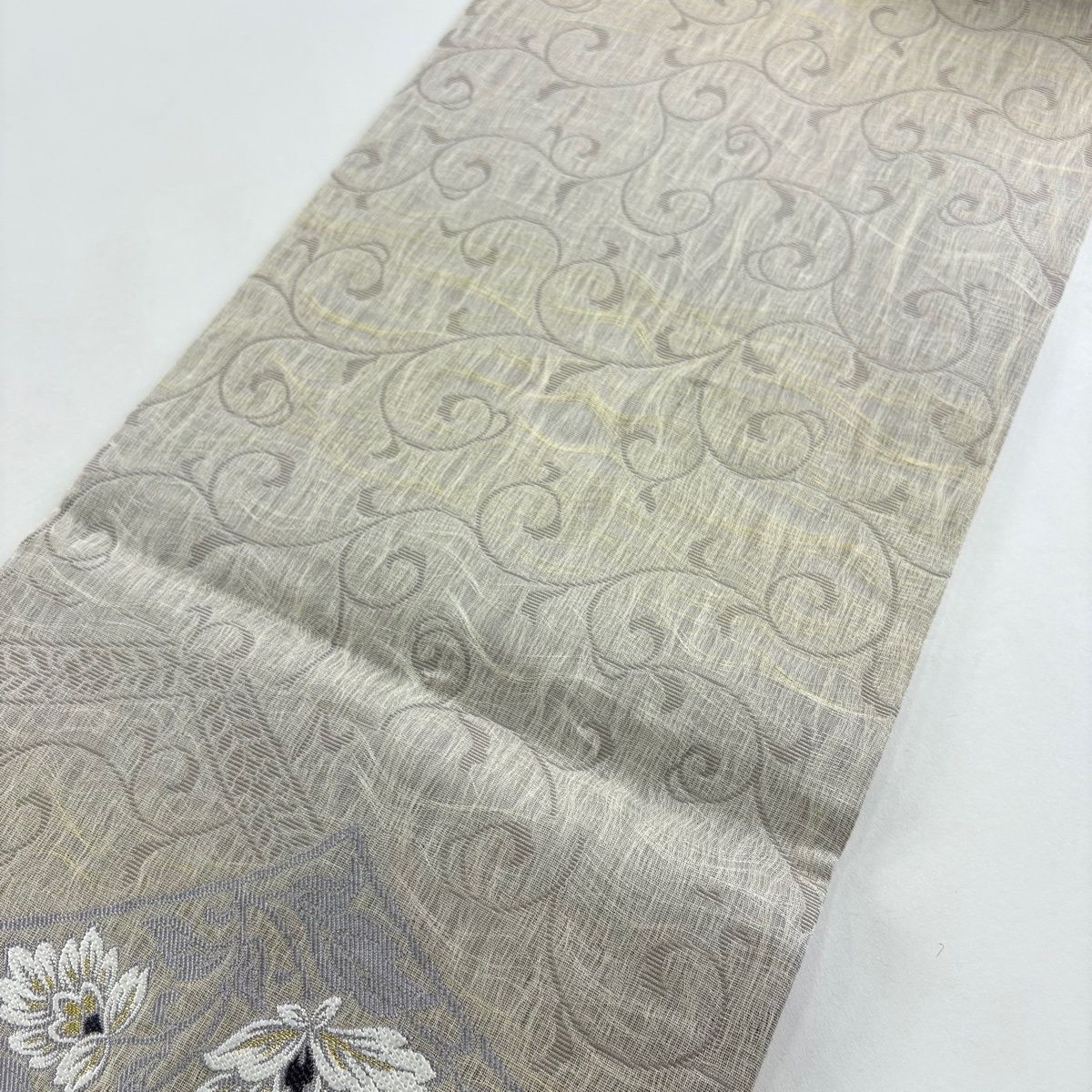  袋帯 花唐草 金糸 灰茶 六通 正絹 袋帯 帯
