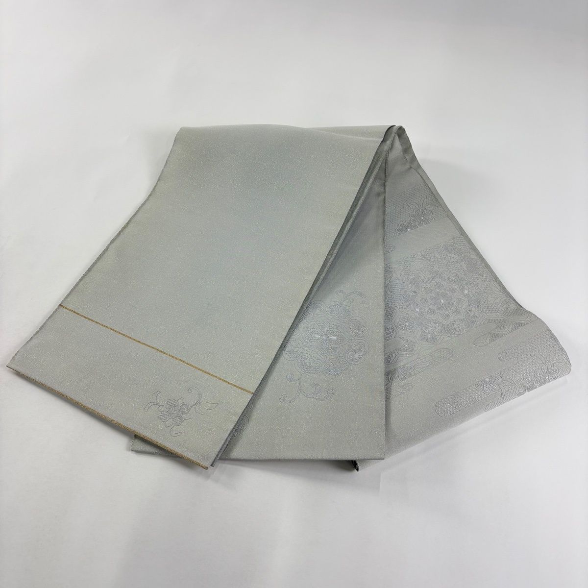  袋帯 名品 証紙 ヱ霞 華文 手織綴汕頭 紅花草木染 灰緑 お太鼓柄 正絹 袋帯 帯