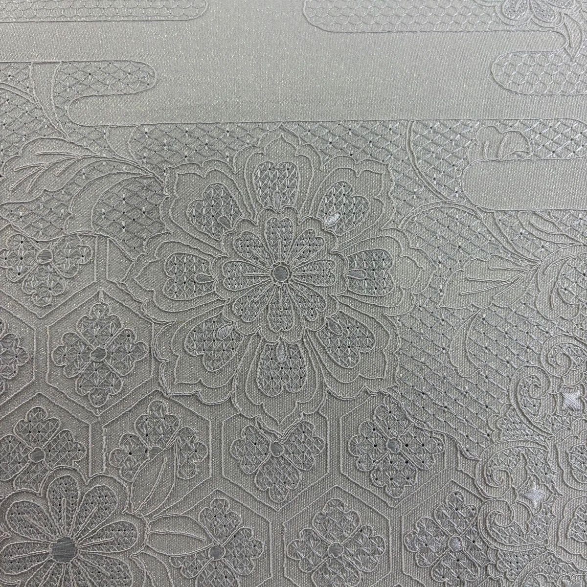 袋帯 名品 証紙 ヱ霞 華文 手織綴汕頭 紅花草木染 灰緑 お太鼓柄 正絹