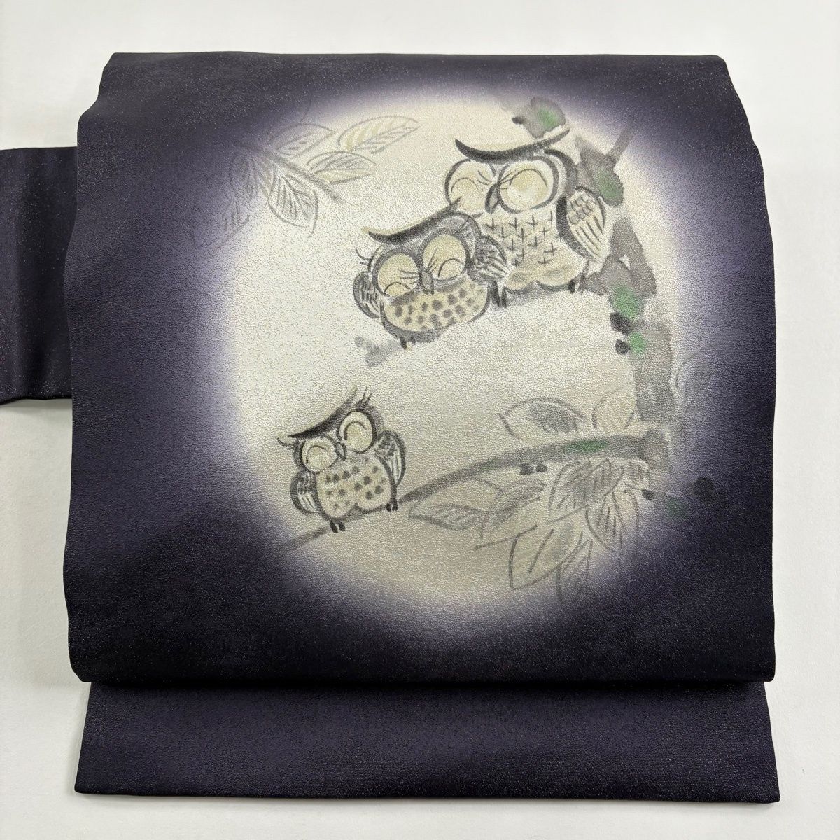 名古屋帯 名品 みみずく 枝葉 銀通し 銀彩 濃紫 正絹