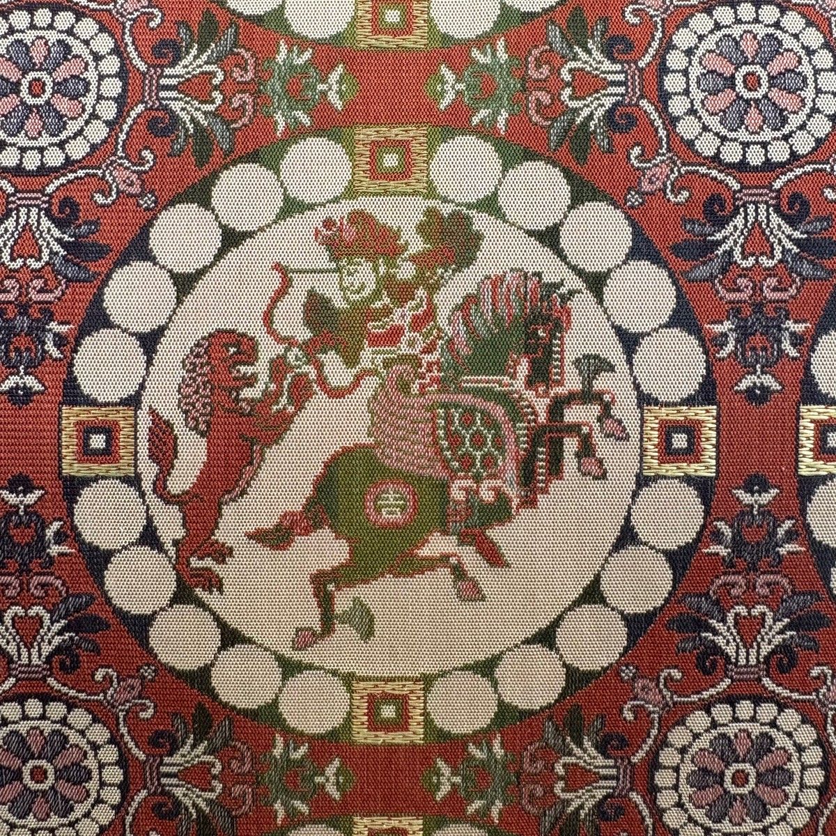 開き名古屋帯 名品 龍村美術織物 比翼仕立て 獅子狩文錦 赤茶 正絹