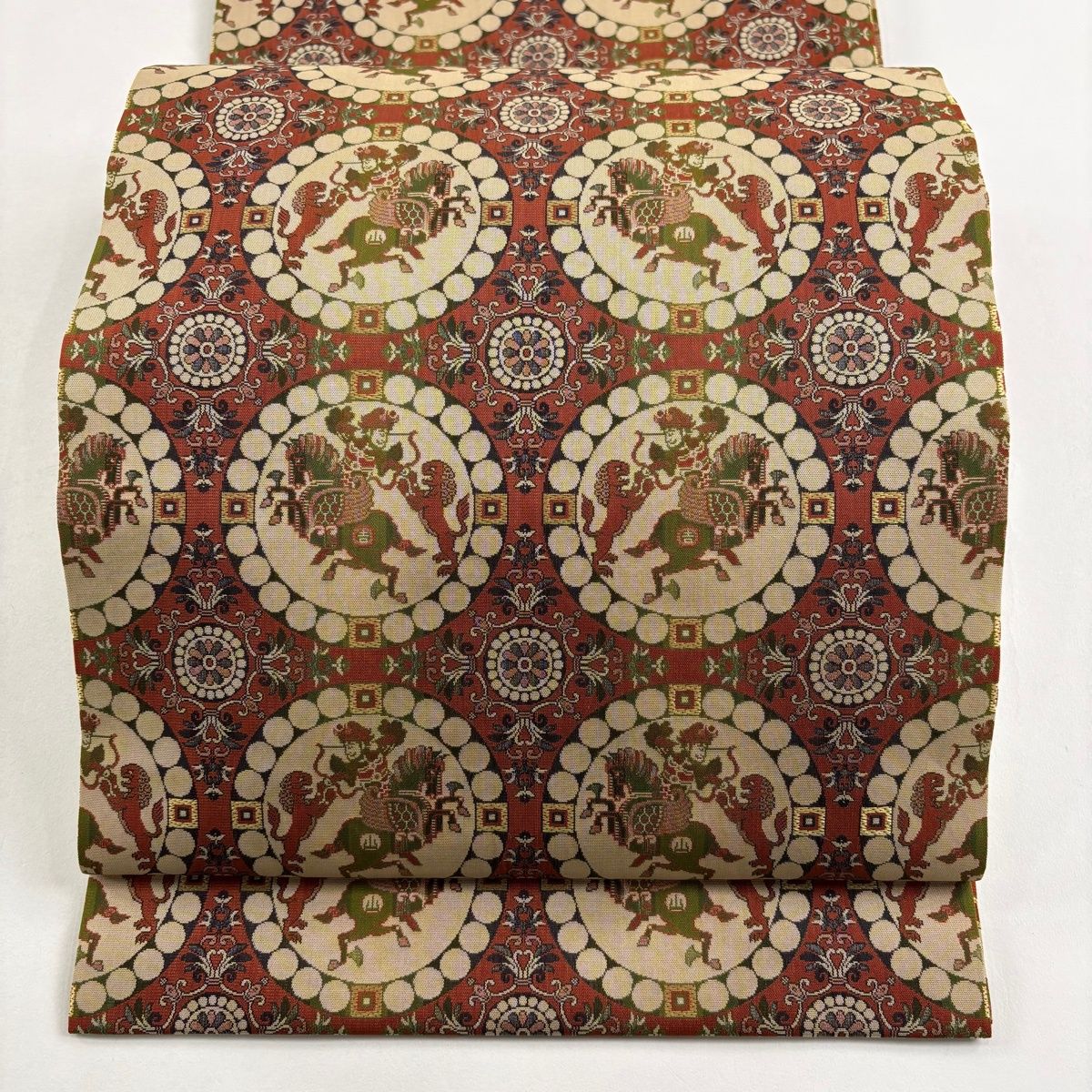 開き名古屋帯 名品 龍村美術織物 比翼仕立て 獅子狩文錦 赤茶 正絹