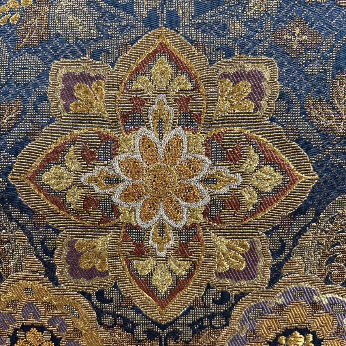 袋帯 名品 華文 花唐草 刺繍 金銀糸 藍色 六通 正絹