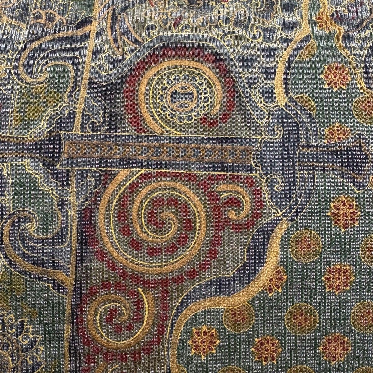 袋帯 名品 前田仁仙 落款 花唐草 幾何学模様 銀通し 金彩 黒灰 全通 正絹