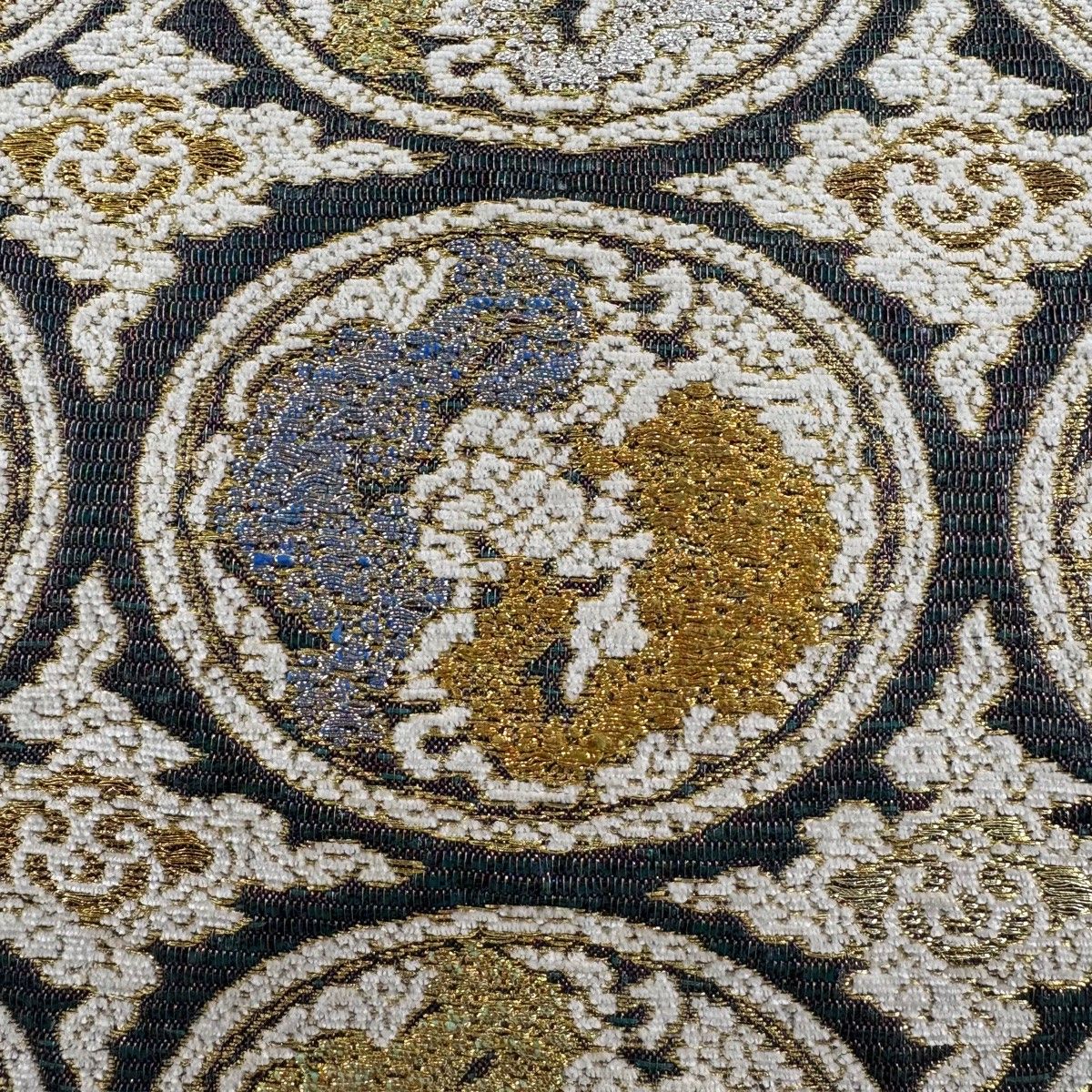 袋帯 名品 丸文 瑞雲 金糸 箔 ベージュ 六通 正絹