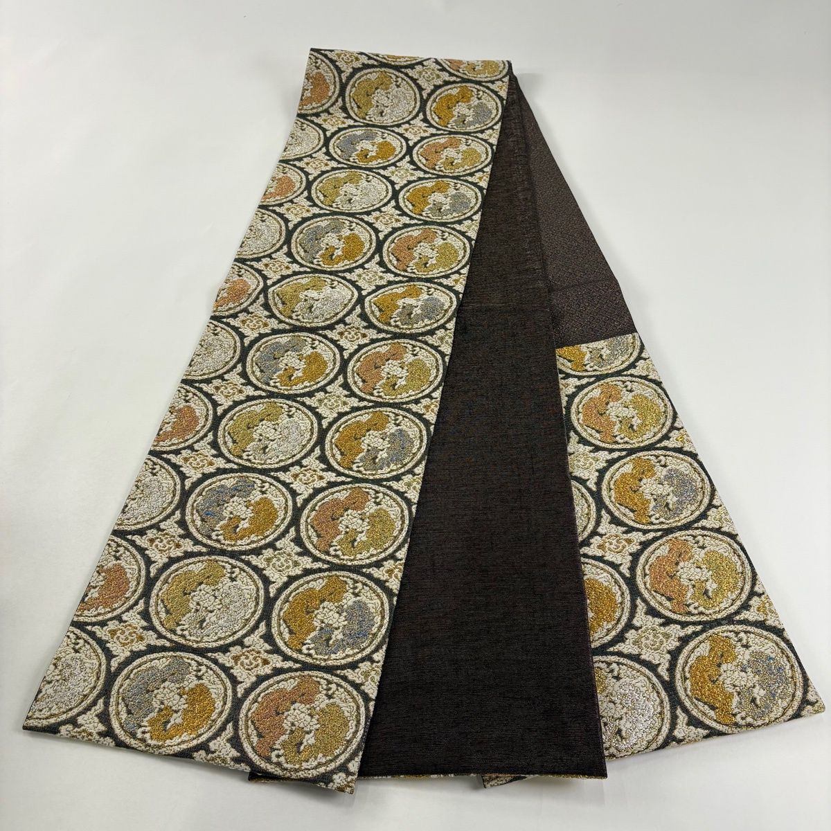  袋帯 丸文 瑞雲 金糸 箔 ベージュ 六通 正絹 袋帯 帯