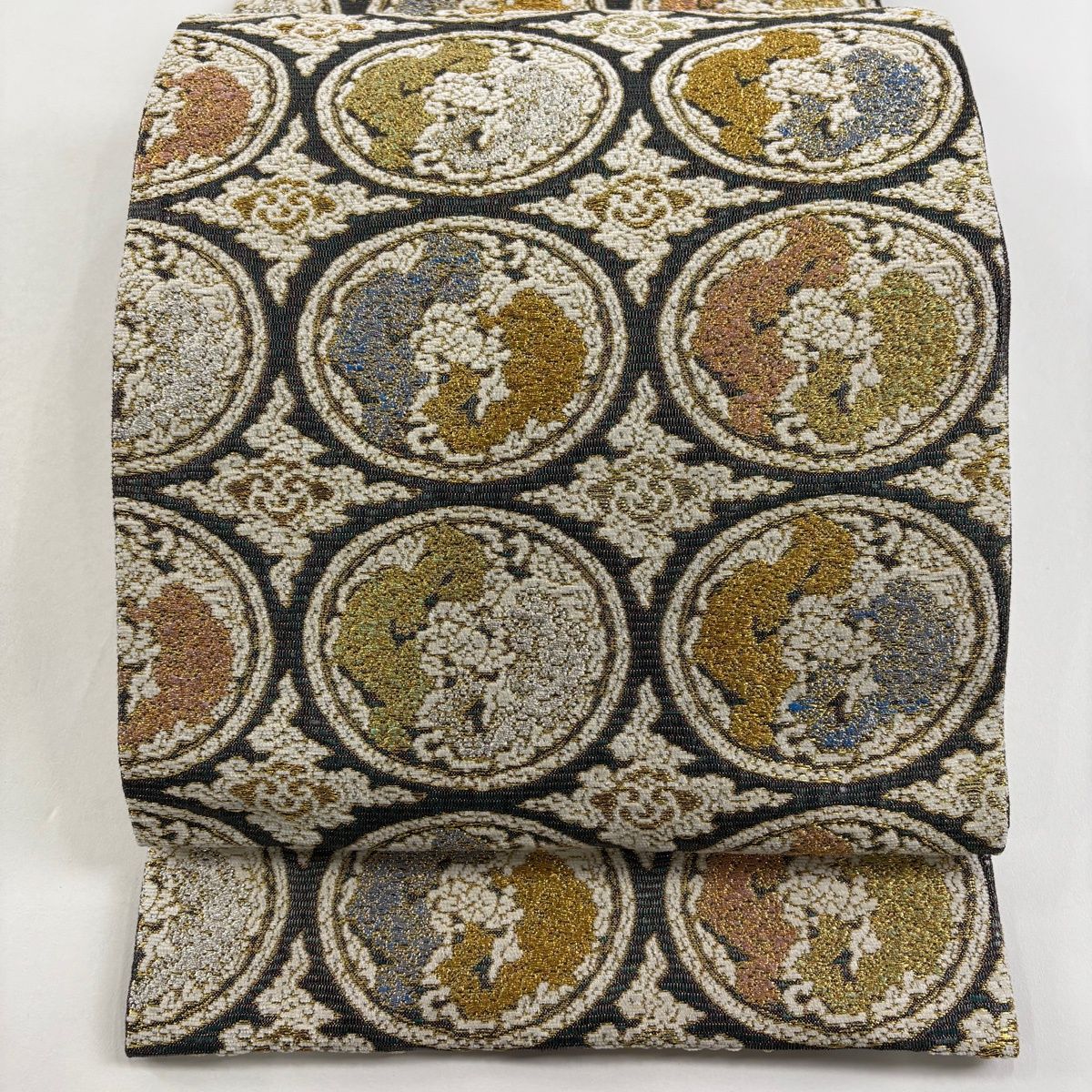 袋帯 丸文 瑞雲 金糸 箔 ベージュ 六通 正絹