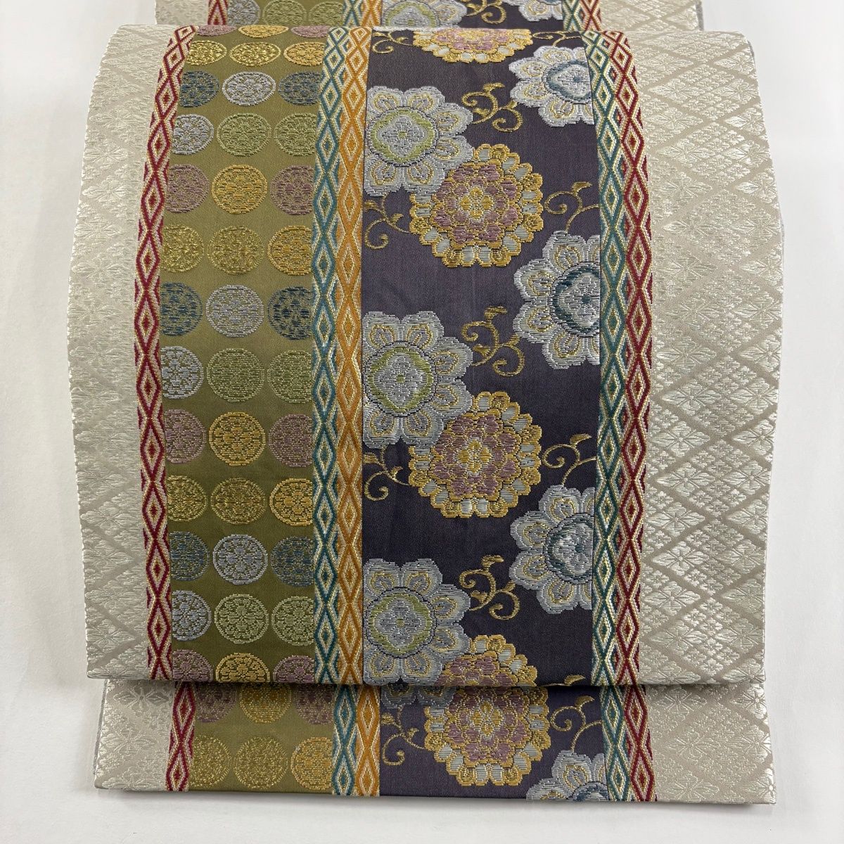 袋帯 華文 花菱 金銀糸 箔 灰紫 六通 正絹