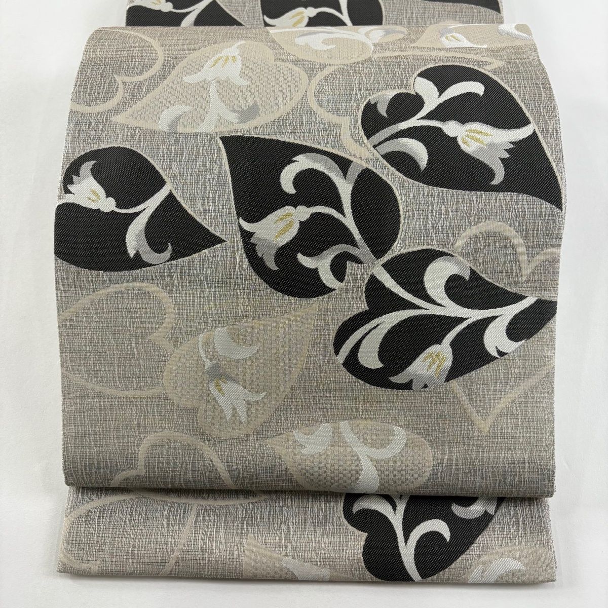 袋帯 落款 花唐草 花弁 金銀糸 桃皮染 灰茶 六通 正絹