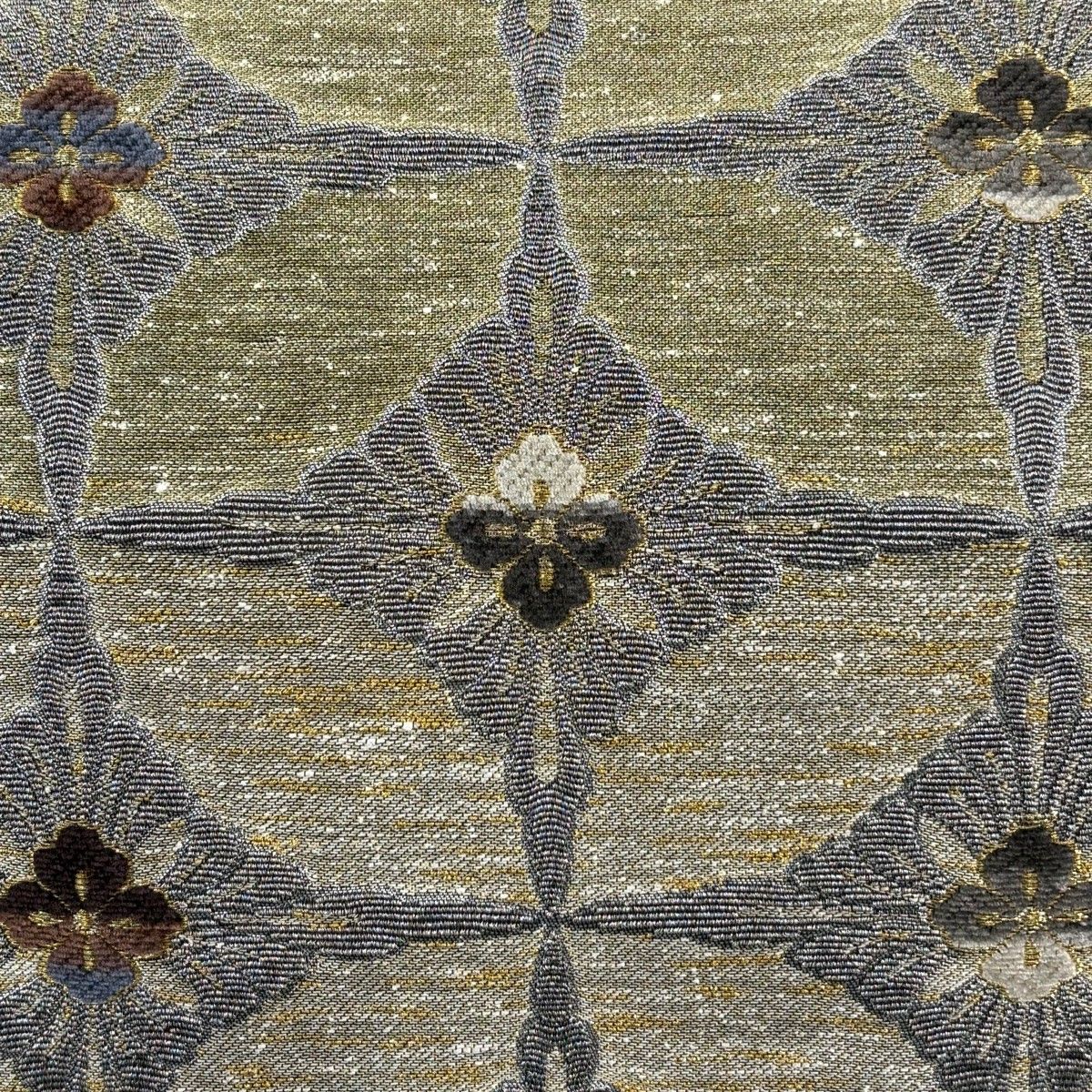 袋帯 名品 落款 宝華山輪奈 七宝繋ぎ 箔 灰色 六通 正絹