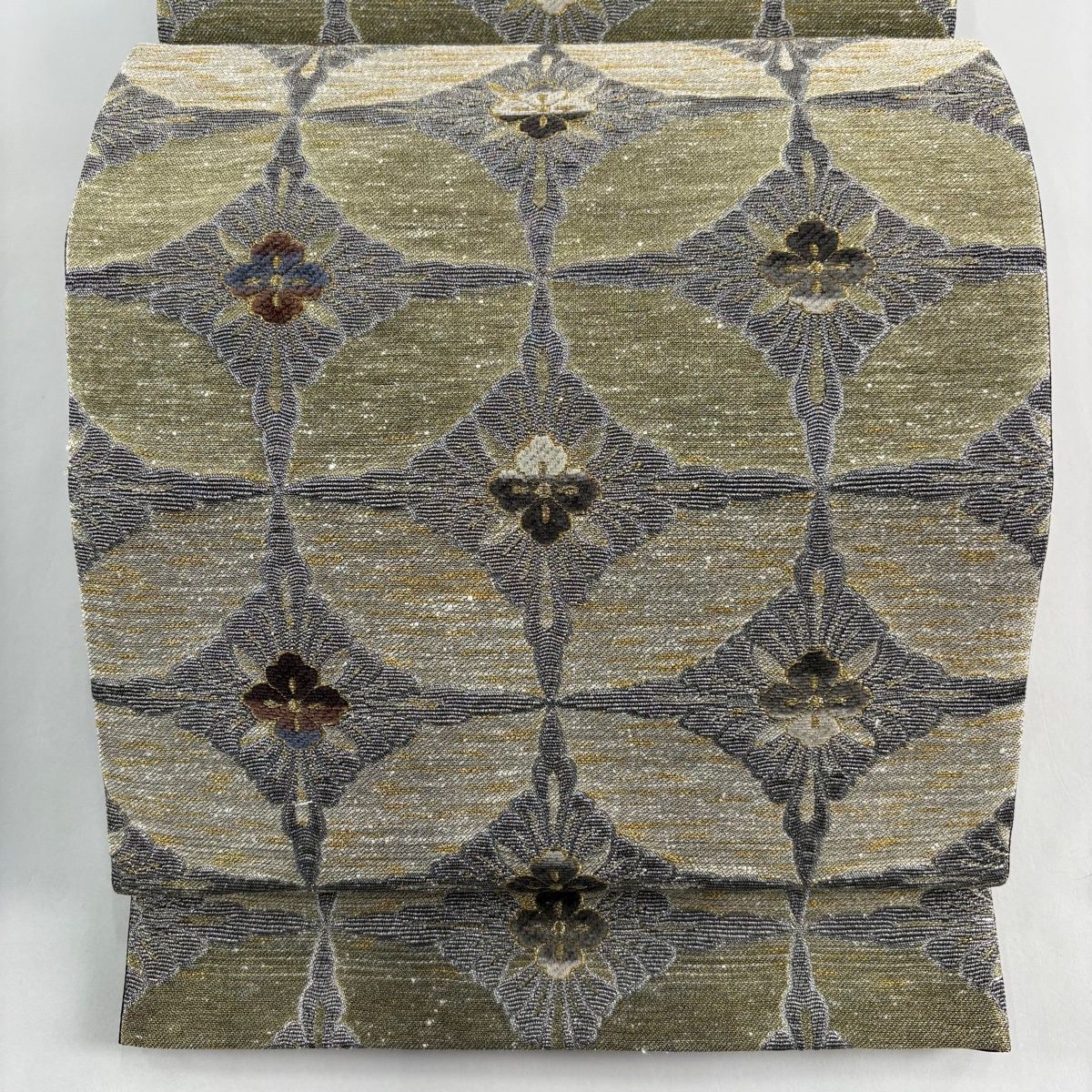 袋帯 名品 落款 宝華山輪奈 七宝繋ぎ 箔 灰色 六通 正絹