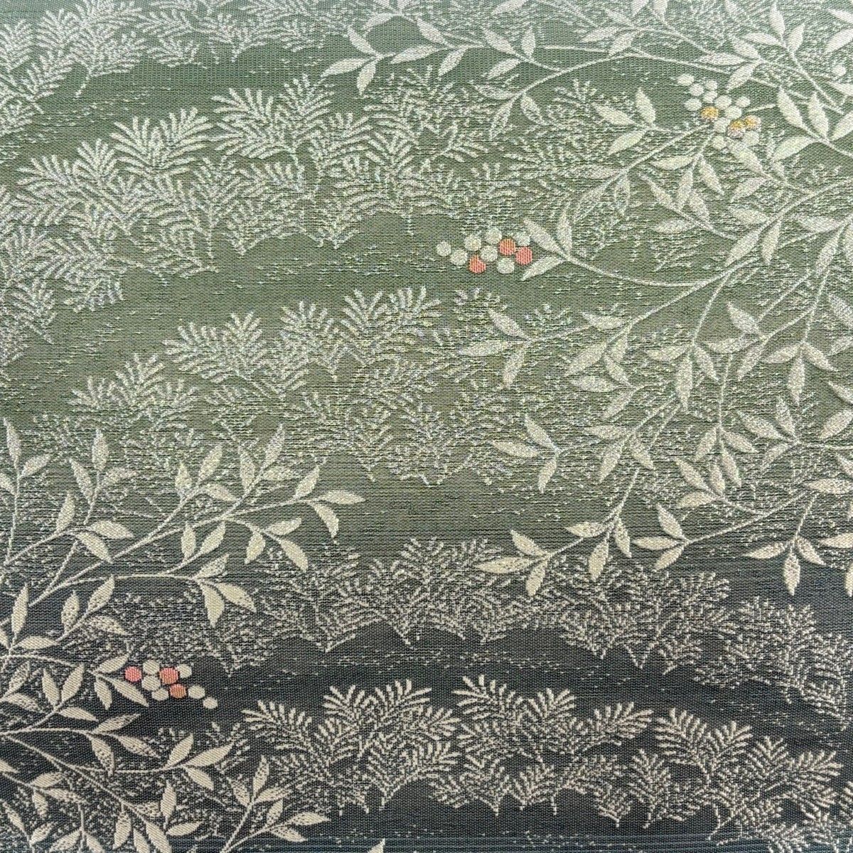 袋帯 名品 やまと 葉 実 金銀糸 箔 灰緑 全通 正絹