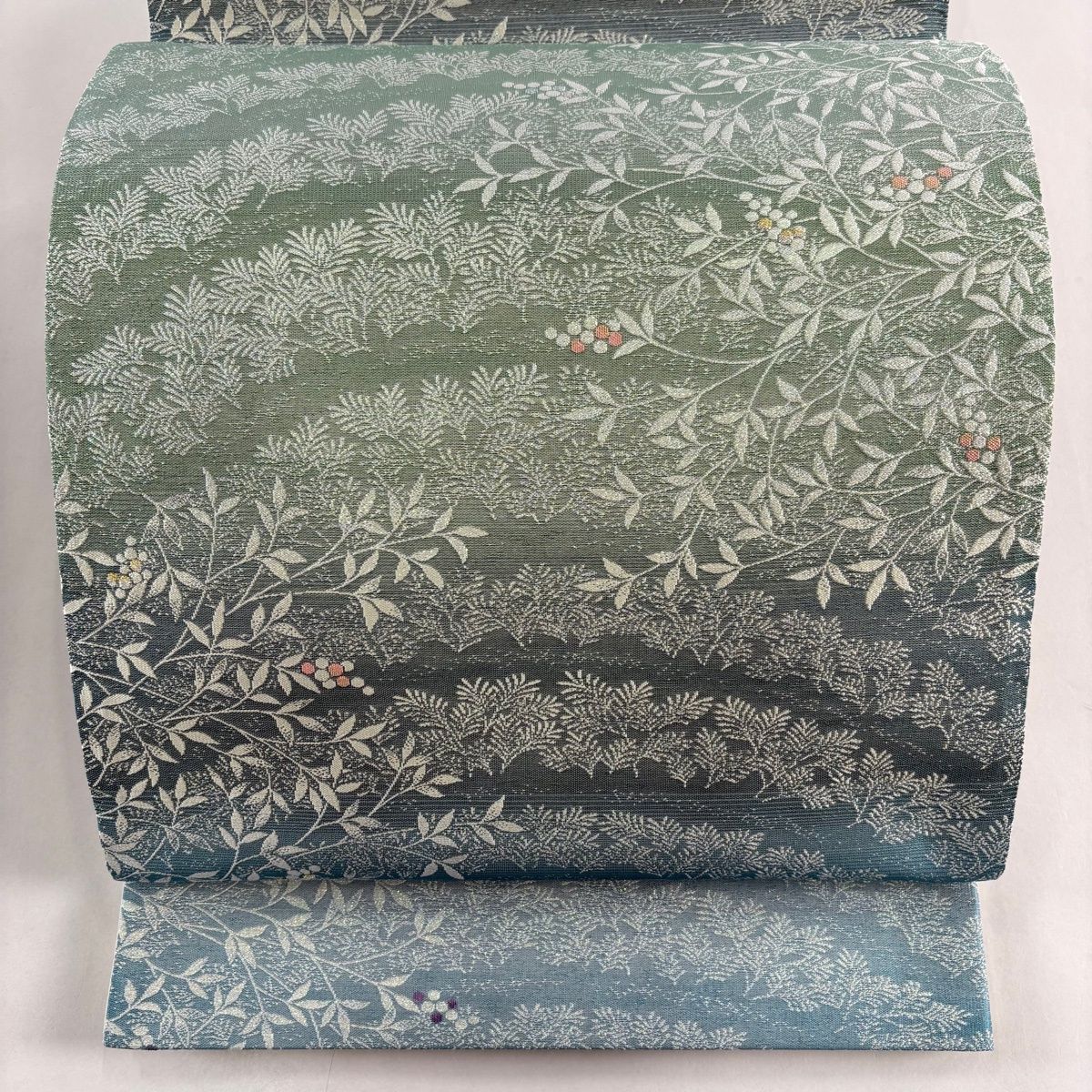 袋帯 名品 やまと 葉 実 金銀糸 箔 灰緑 全通 正絹