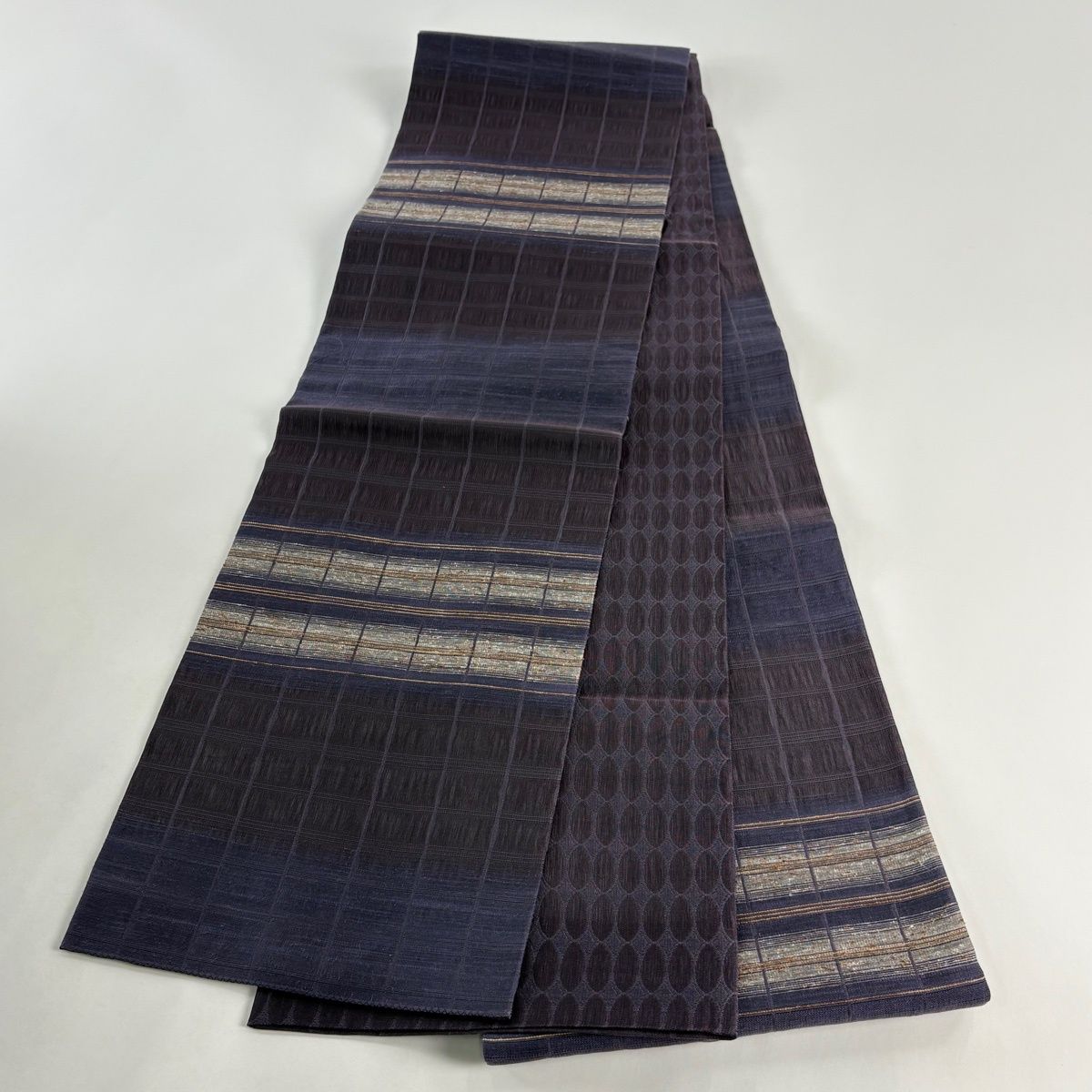  袋帯 名品 証紙 柿渋染 縞 紫 お太鼓柄 正絹 袋帯 帯