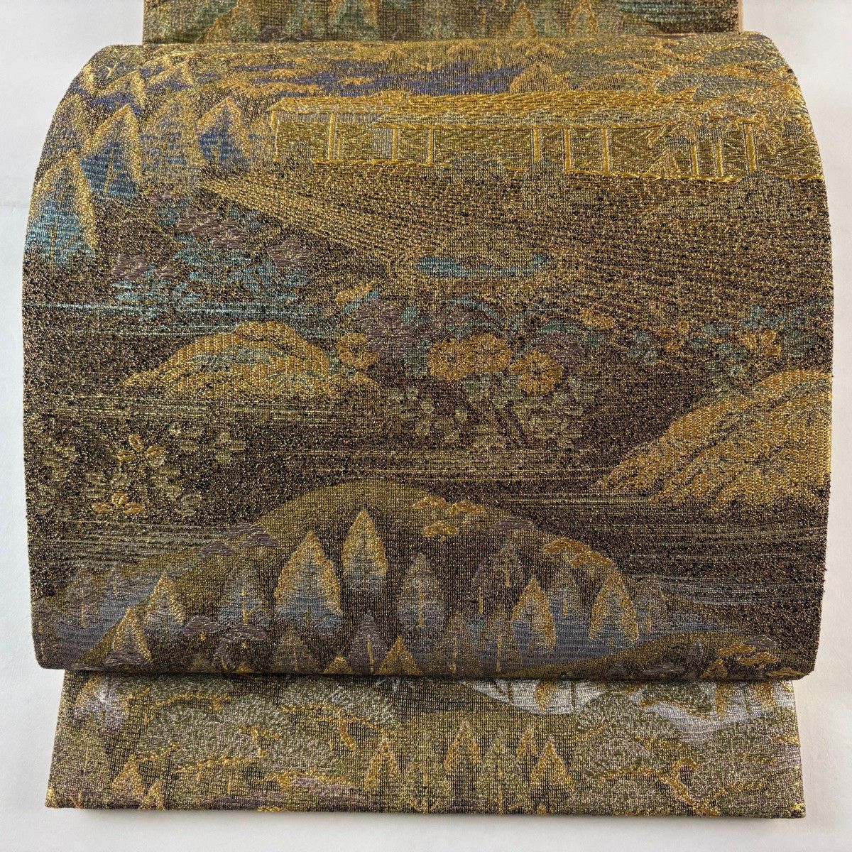 袋帯 名品 落款 寺井一雄 京めぐり 風景 金糸 箔 金茶 六通 正絹