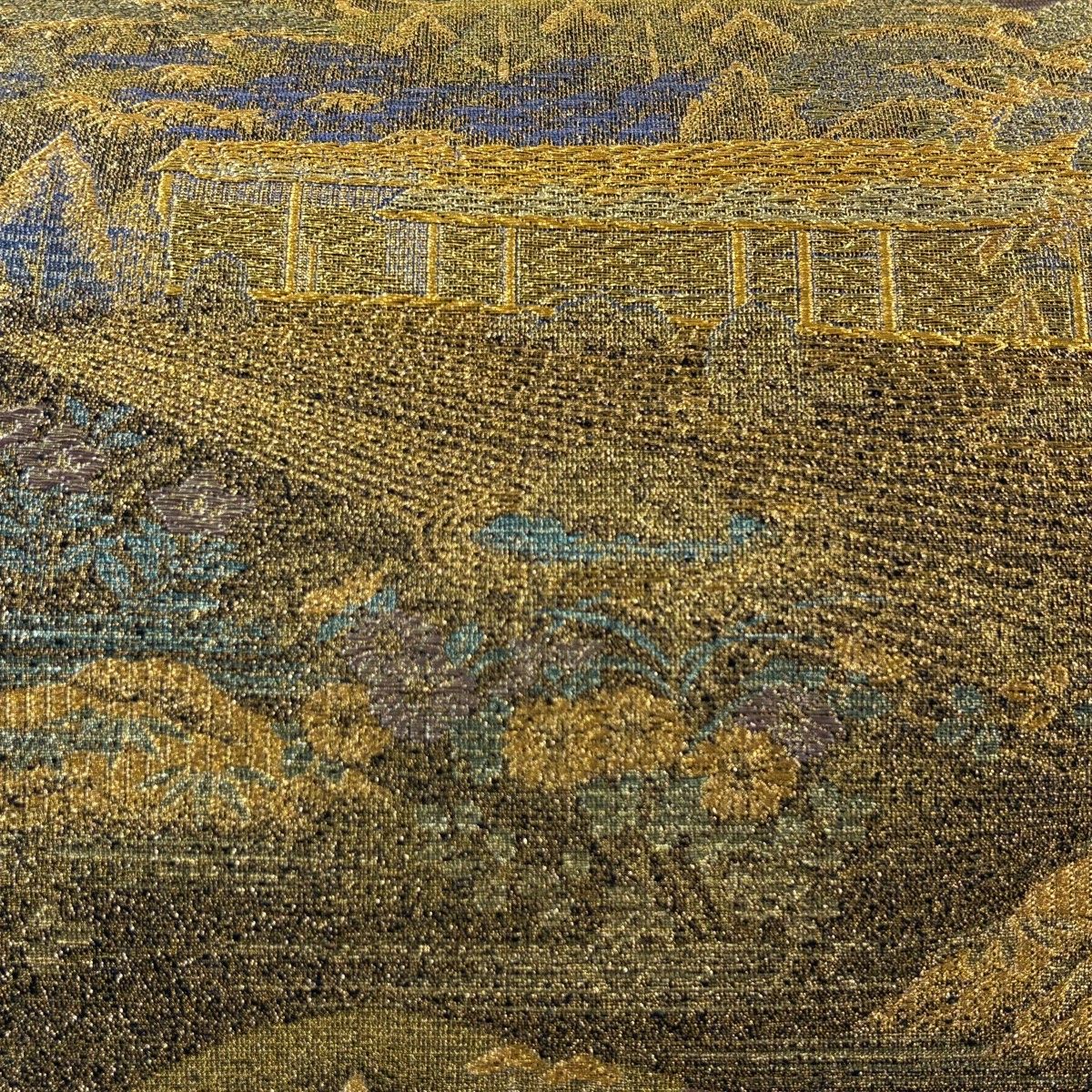 袋帯 名品 落款 寺井一雄 京めぐり 風景 金糸 箔 金茶 六通 正絹