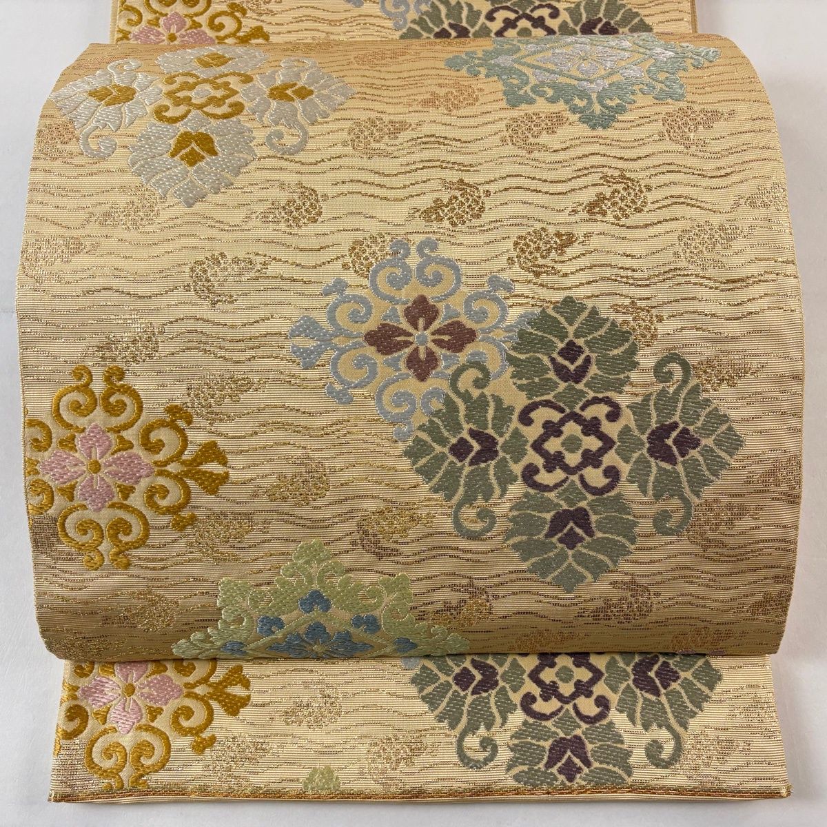 袋帯 荒磯 菱花文 箔 ベージュ 六通 正絹