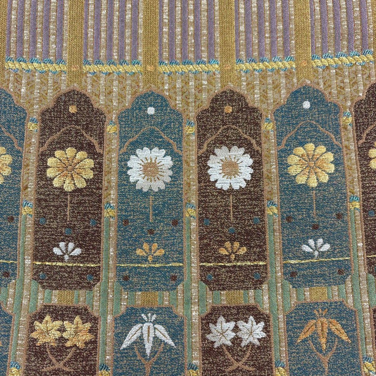 袋帯 花 笹 箔 金糸 黄土色 六通 正絹