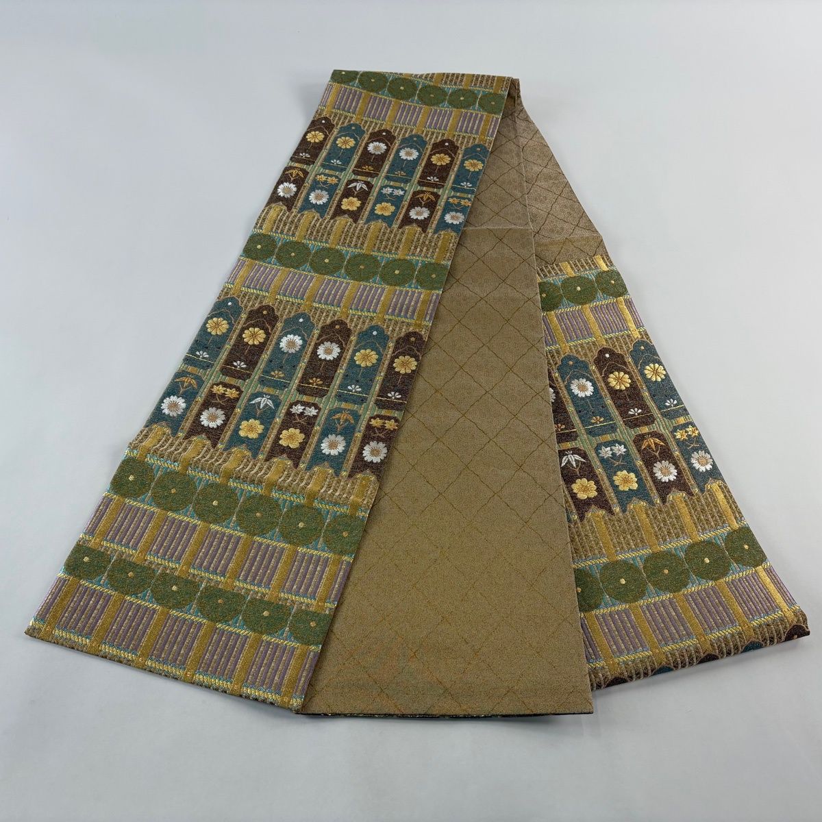  袋帯 花 笹 箔 金糸 黄土色 六通 正絹 袋帯 帯