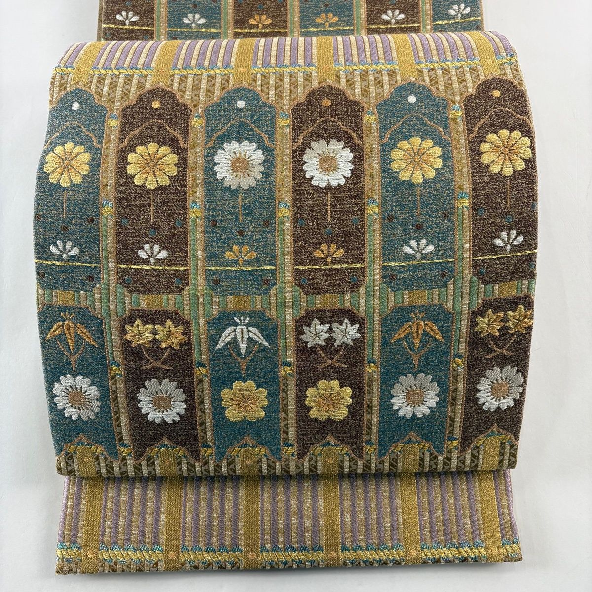 袋帯 名品 花 笹 箔 金糸 黄土色 六通 正絹