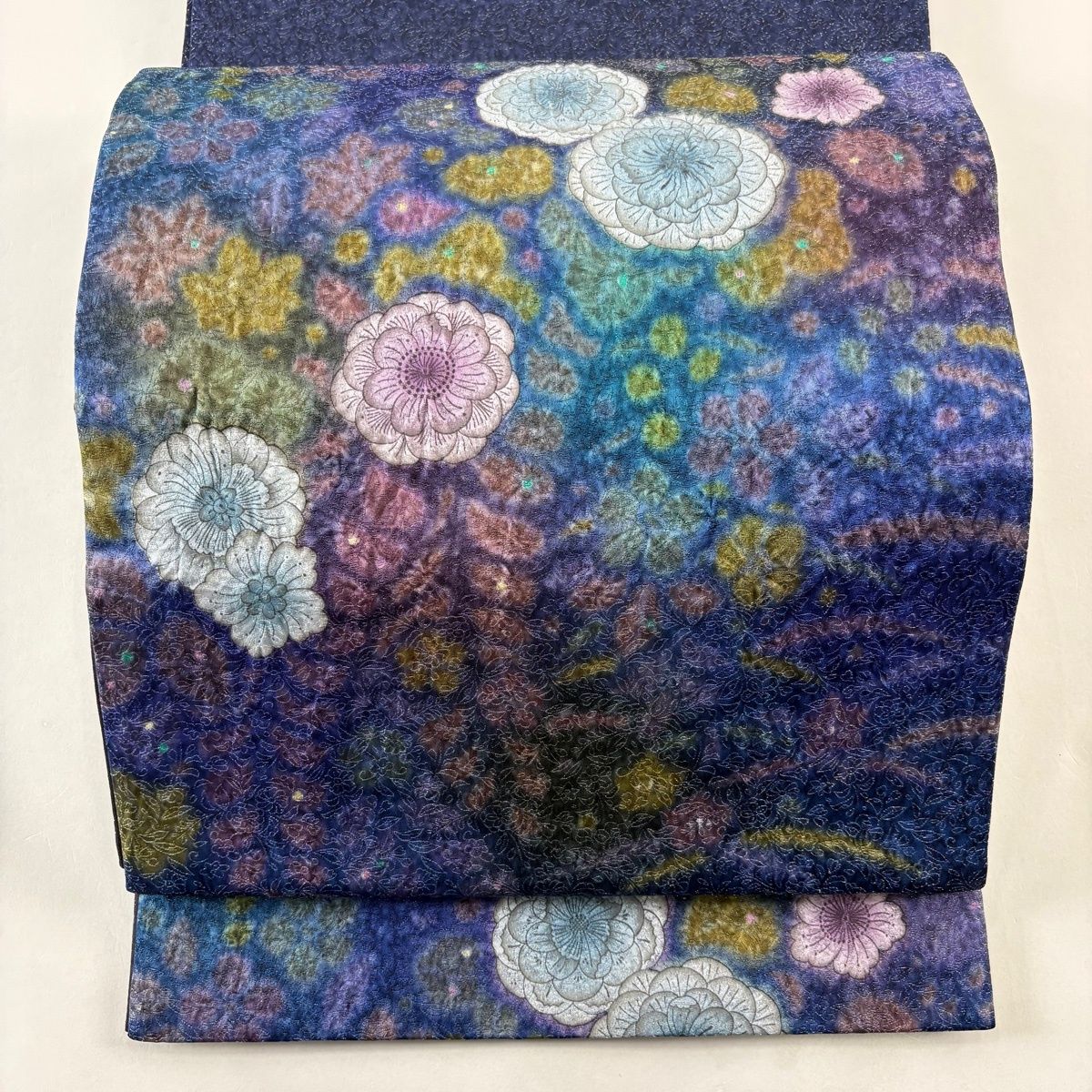 袋帯 辻が花 銀糸 紺色 お太鼓柄 正絹