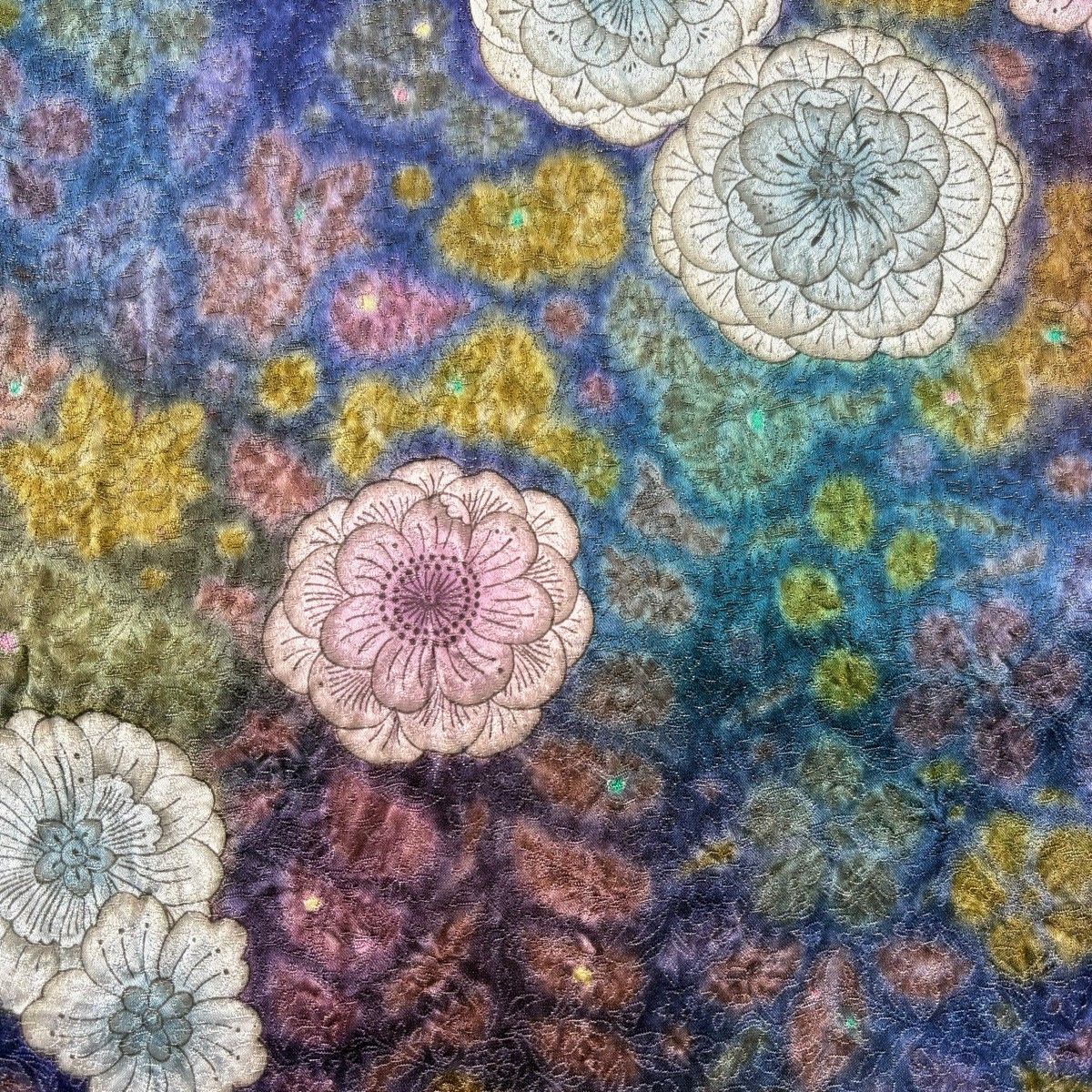 袋帯 辻が花 銀糸 紺色 お太鼓柄 正絹