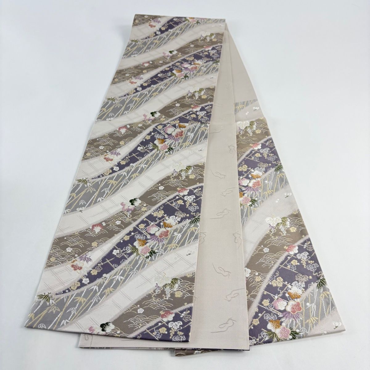  袋帯 坂東三津五郎 落款 やまと 梅 笹 金糸 刺繍 灰茶 六通 正絹 袋帯 帯