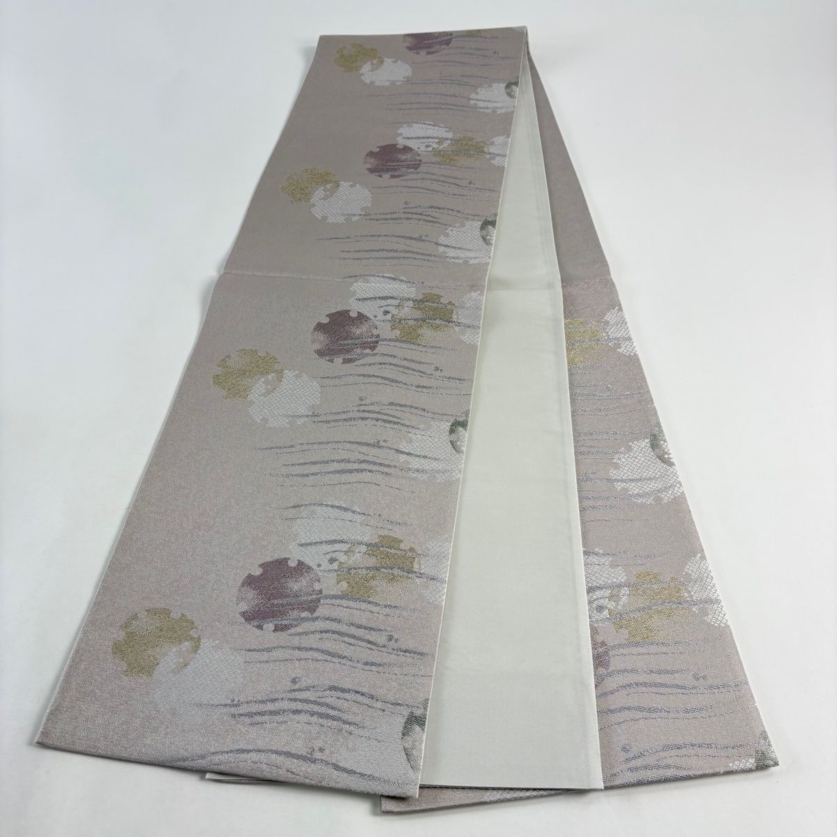  袋帯 小袖彩雪輪文 波 金銀糸 灰紫 六通 正絹 袋帯 帯