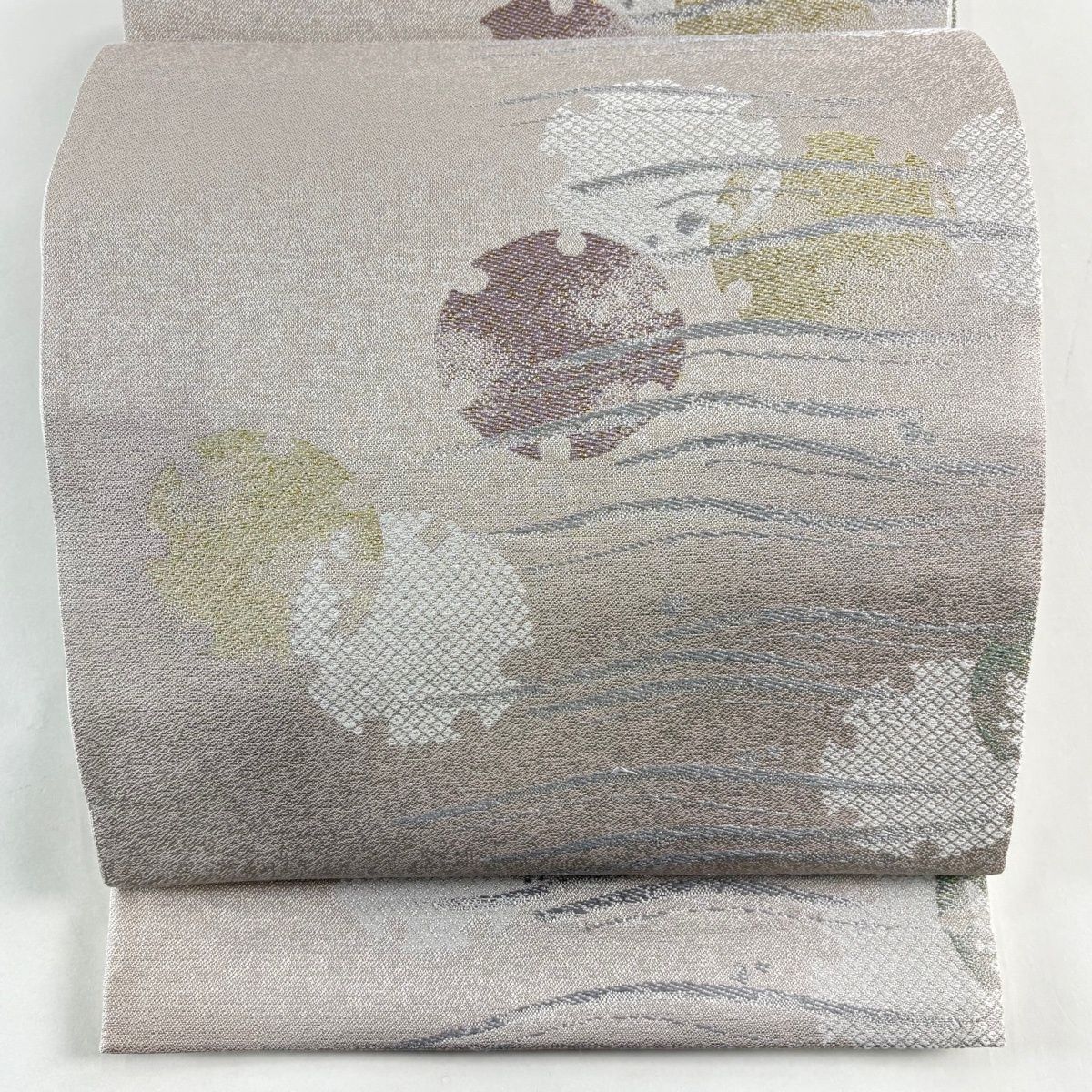 袋帯 小袖彩雪輪文 波 金銀糸 灰紫 六通 正絹