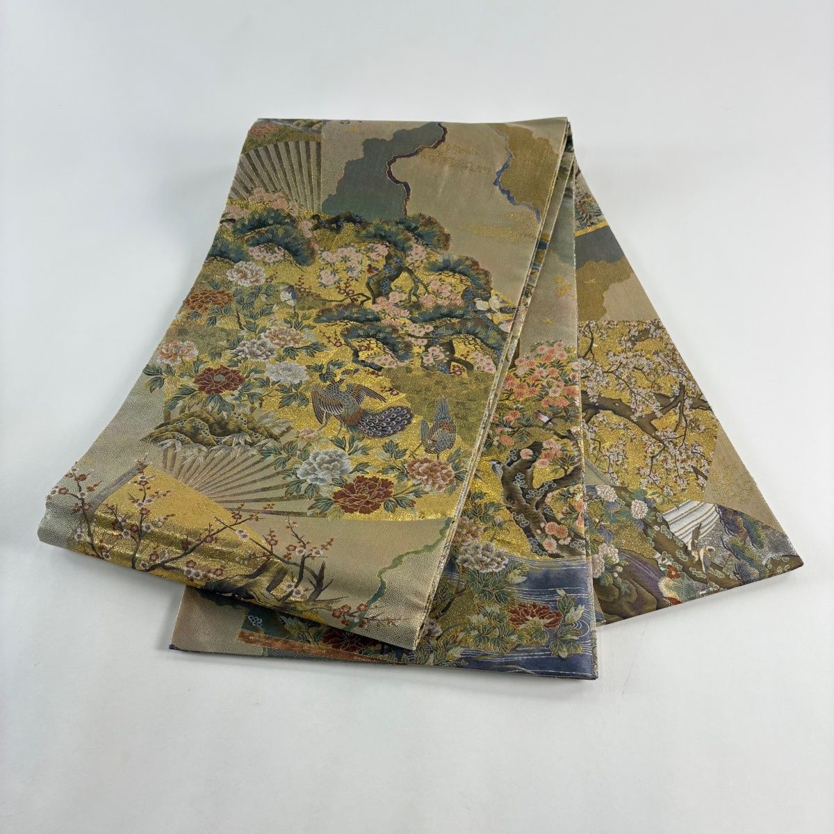  丸帯 日本屏風絵大観 扇 本金箔 金糸 灰茶 お太鼓柄 正絹 丸帯 帯