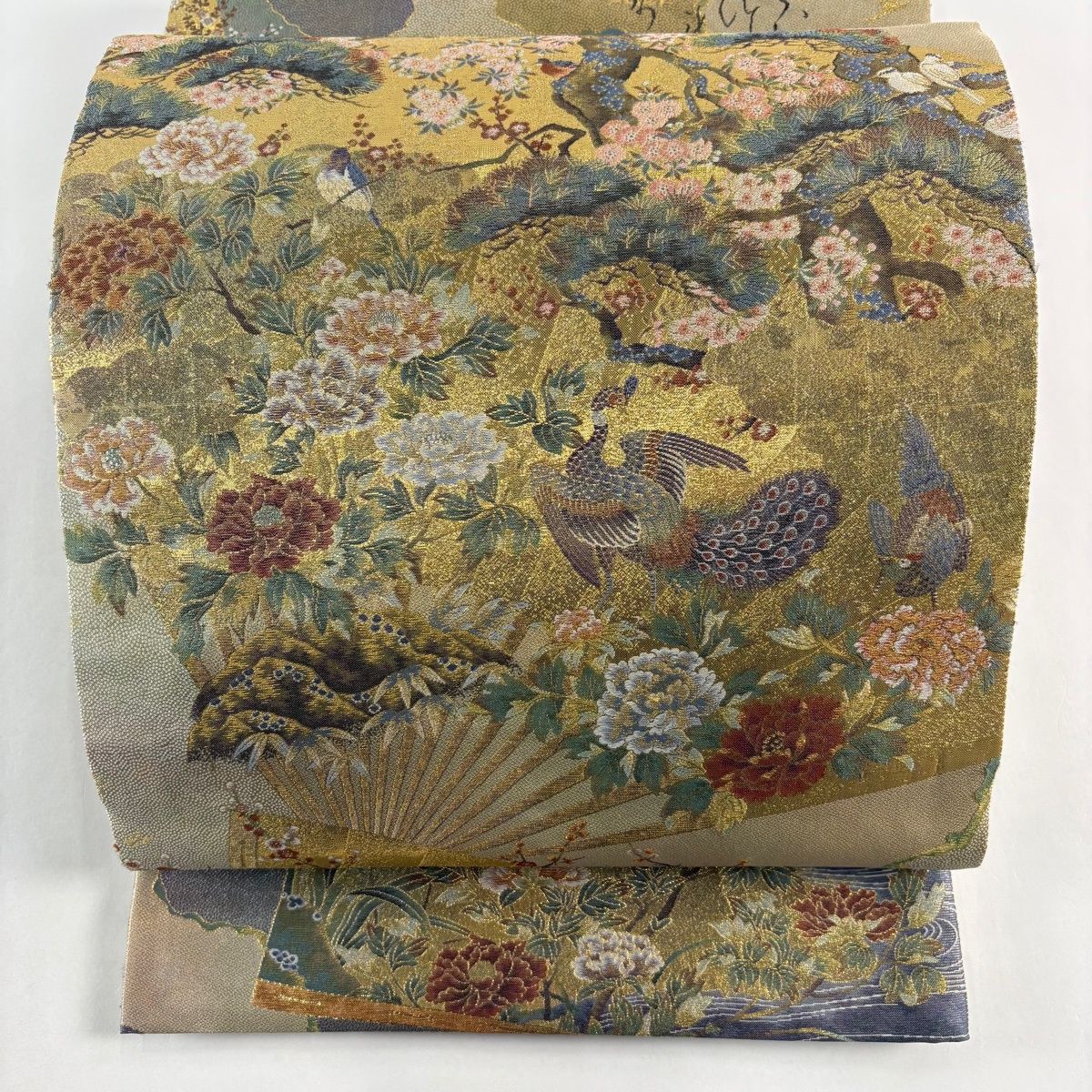 丸帯 名品 日本屏風絵大観 扇 本金箔 金糸 灰茶 お太鼓柄 正絹