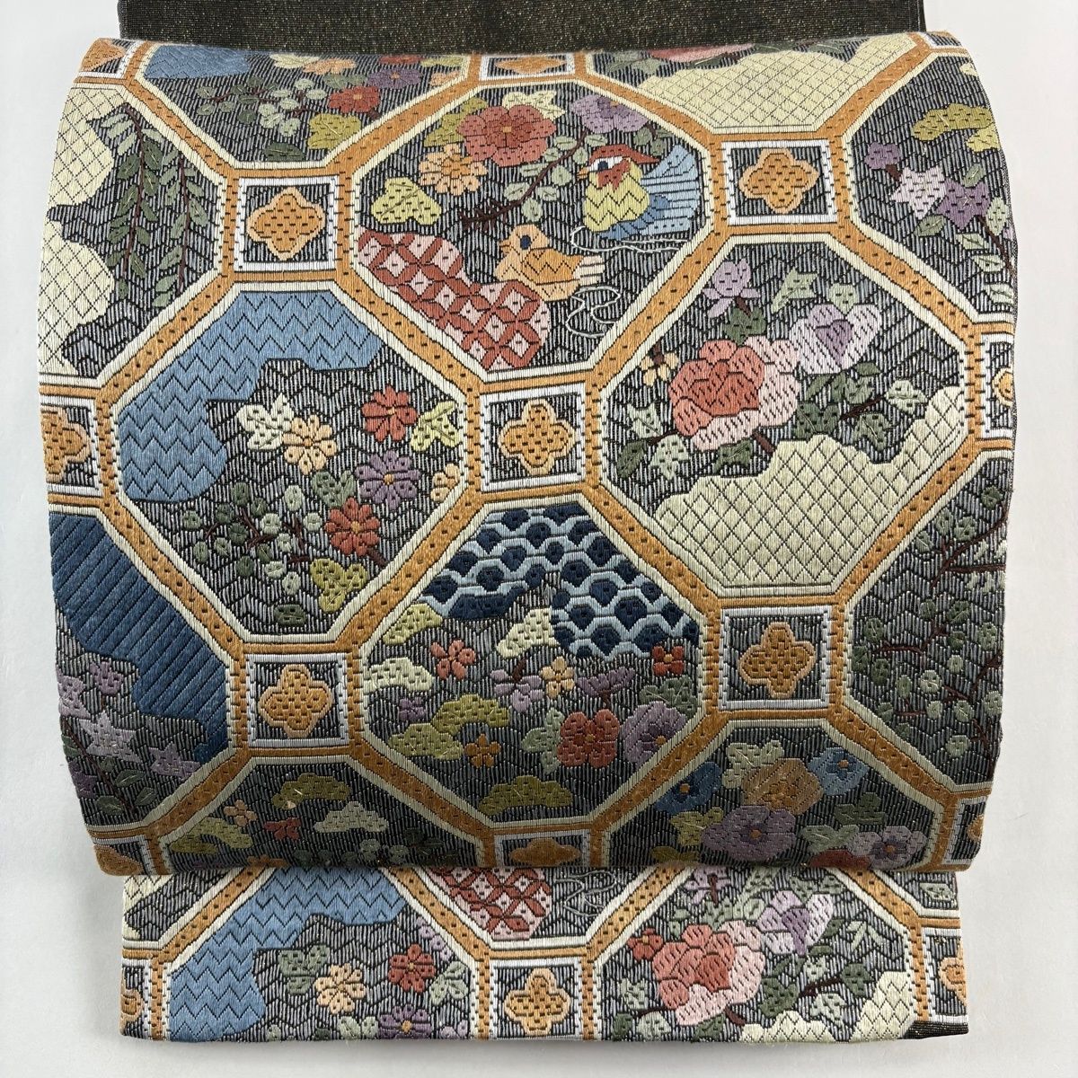 袋帯 蜀江文 花鳥 刺繍 箔 青灰色 お太鼓柄 正絹