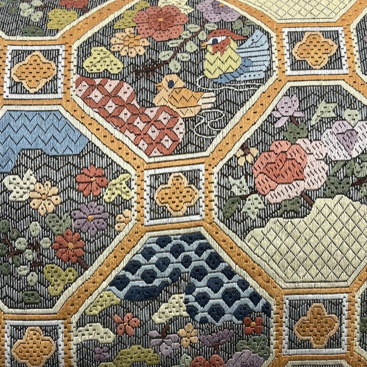 袋帯 名品 蜀江文 花鳥 刺繍 箔 青灰色 お太鼓柄 正絹