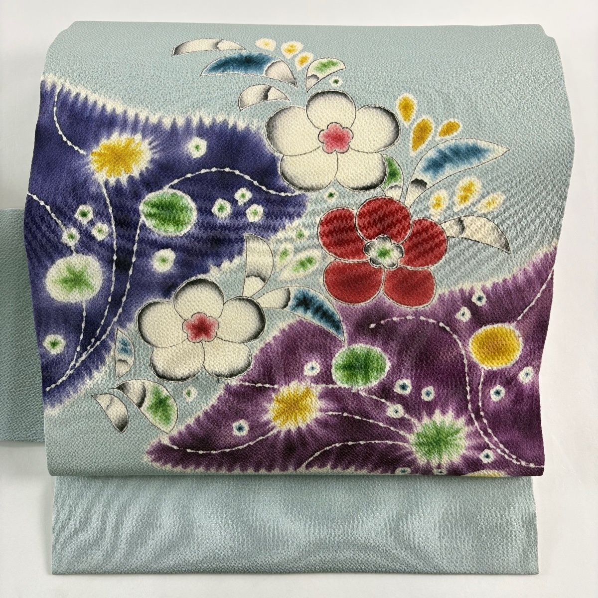 名古屋帯 名品 落款 草花 絞り 縮緬 青灰色 正絹