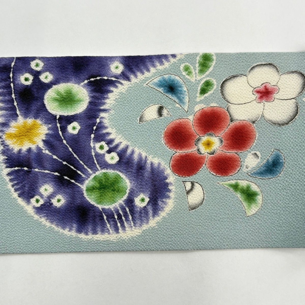  名古屋帯 落款 草花 絞り 縮緬 青灰色 正絹 名古屋帯 帯