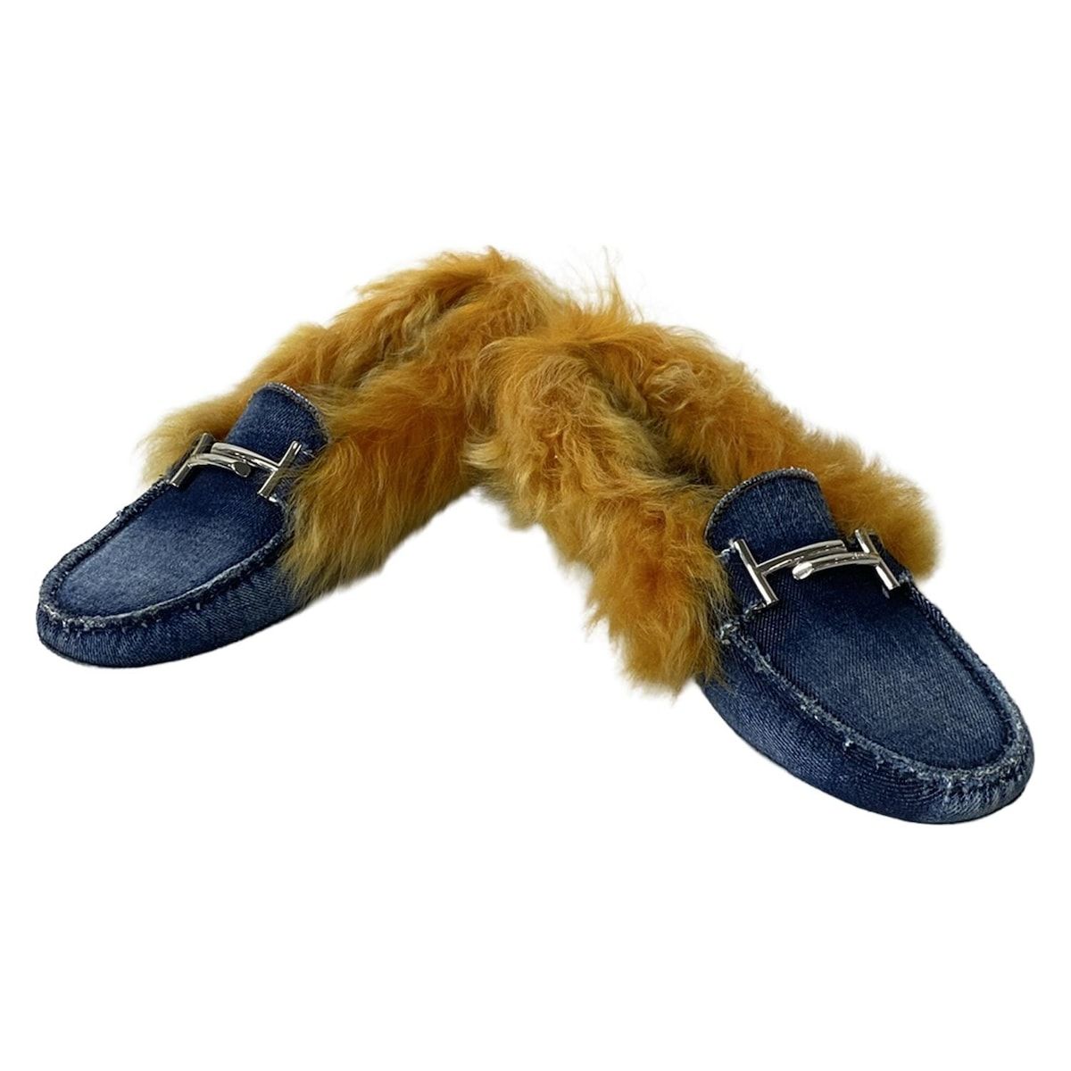 TOD S トッズ ドライビングシューズ 40 レディース - ネイビー×オレンジ×シルバー モカシン ファー