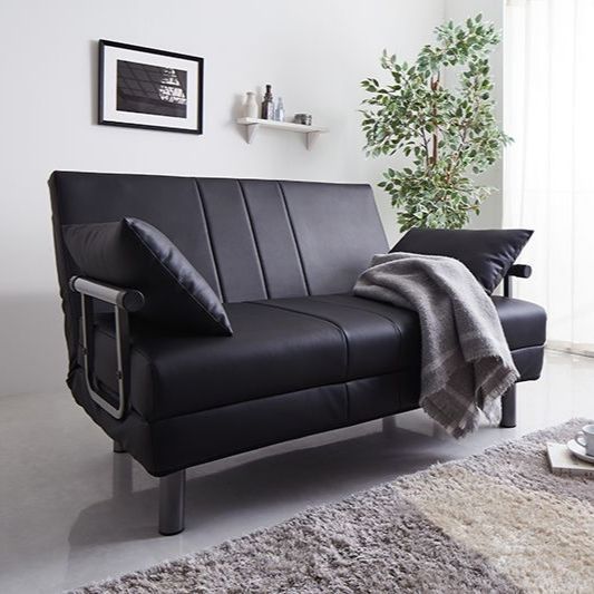 ♪3WAY セミダブル ハイバック カウチソファベッド 【ブラック・レザー