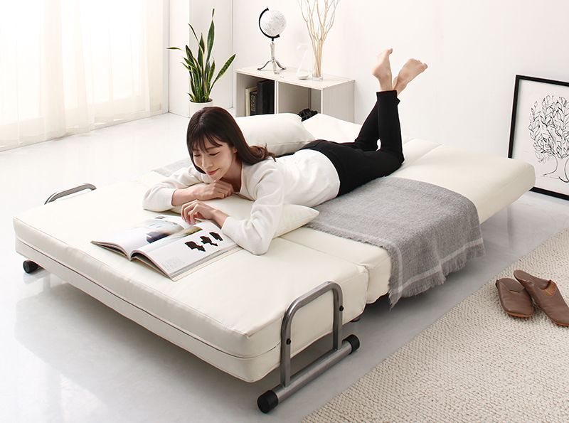 ♪3WAY セミダブル ハイバック カウチソファベッド 【ホワイト・レザー