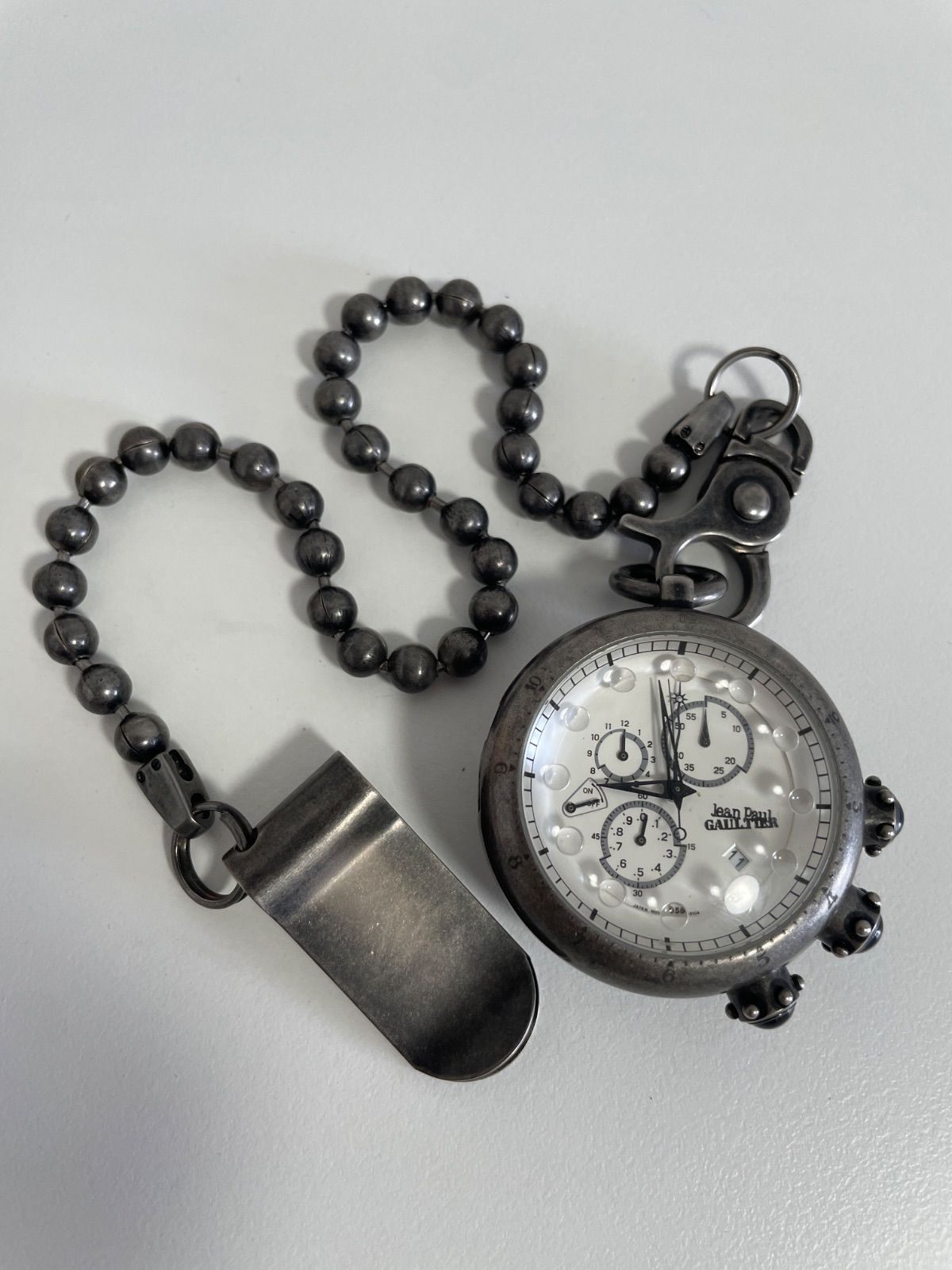 電池交換済 Jean Paul Gaultier 懐中時計 アンティークメタルクロノグラフ チェーン付 廃盤 シルバー ジャンポールゴルチェ