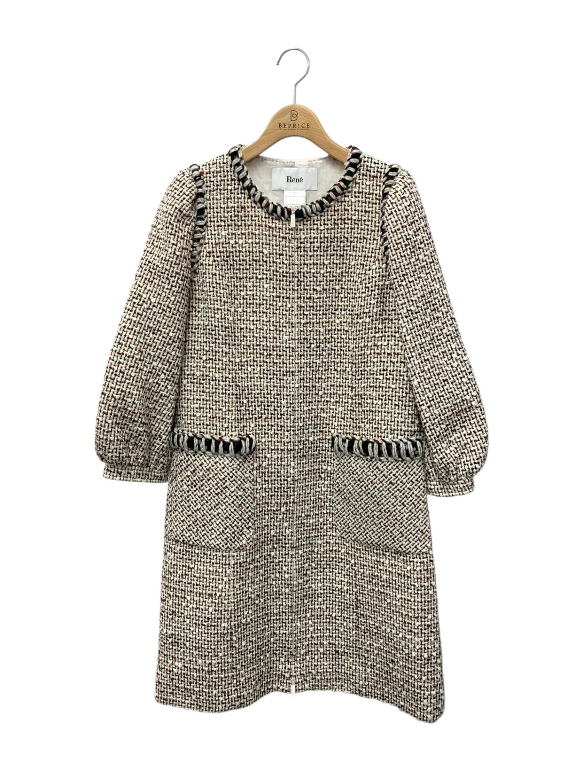 ルネ 6246190 ワンピース 36 ホワイト フロントファスナー ツイード