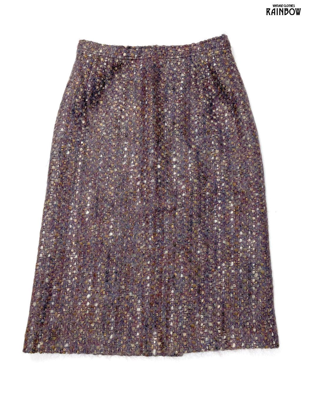 古着 総柄 モヘア ウール 膝丈 スカート 紫 btu 2512008