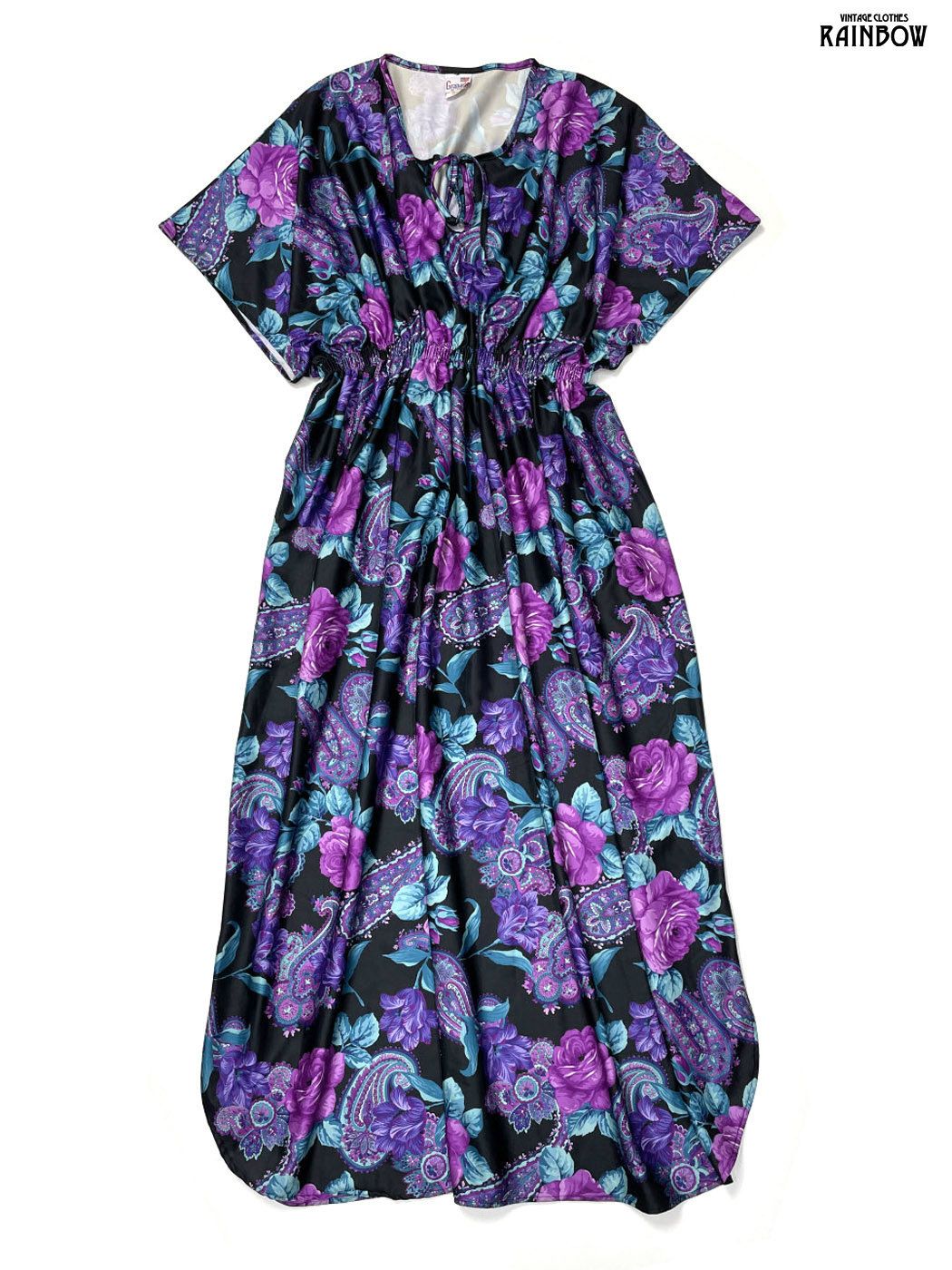 古着 Granada アメリカ製 リボン 花柄 総柄 ロング丈 半袖 ワンピース 紫 otu 2511006