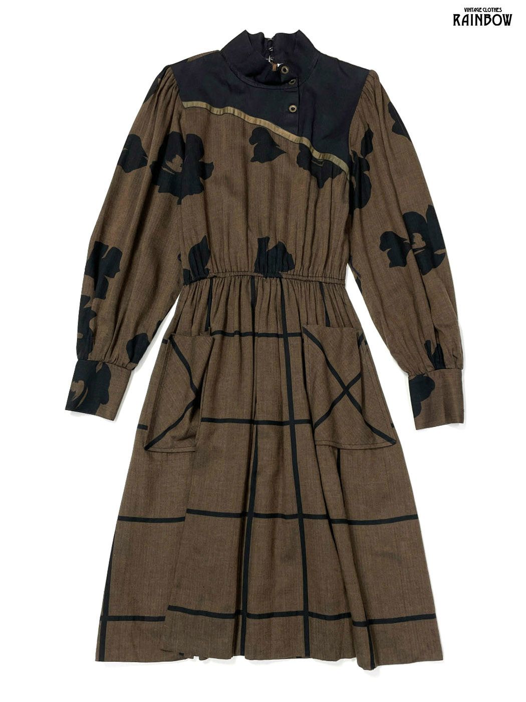 古着 Donna Morgan ドナモーガン TALONジップ ハイネック 花柄 チェック柄 ロング丈 長袖 ワンピース 茶 otu 2511012