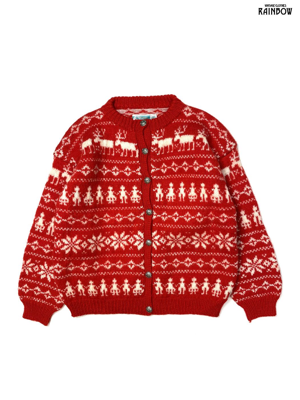 古着 NORSK HUSFLID 総柄 ノルディック柄 ピュアウール100％ 長袖 ニット カーディガン 赤 ttu 2512014